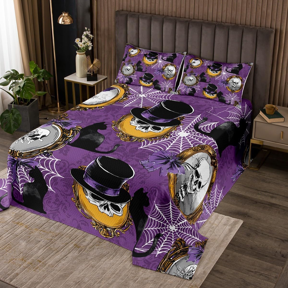 Erosebridal Hat Skull Coverlet Set Queen Size Mirror Bedding Set for Kids Boys Girls Spider Web Cat Pattern Farmhouse Quilted Coverlet Halloween Bow Gothic Purple Quilted