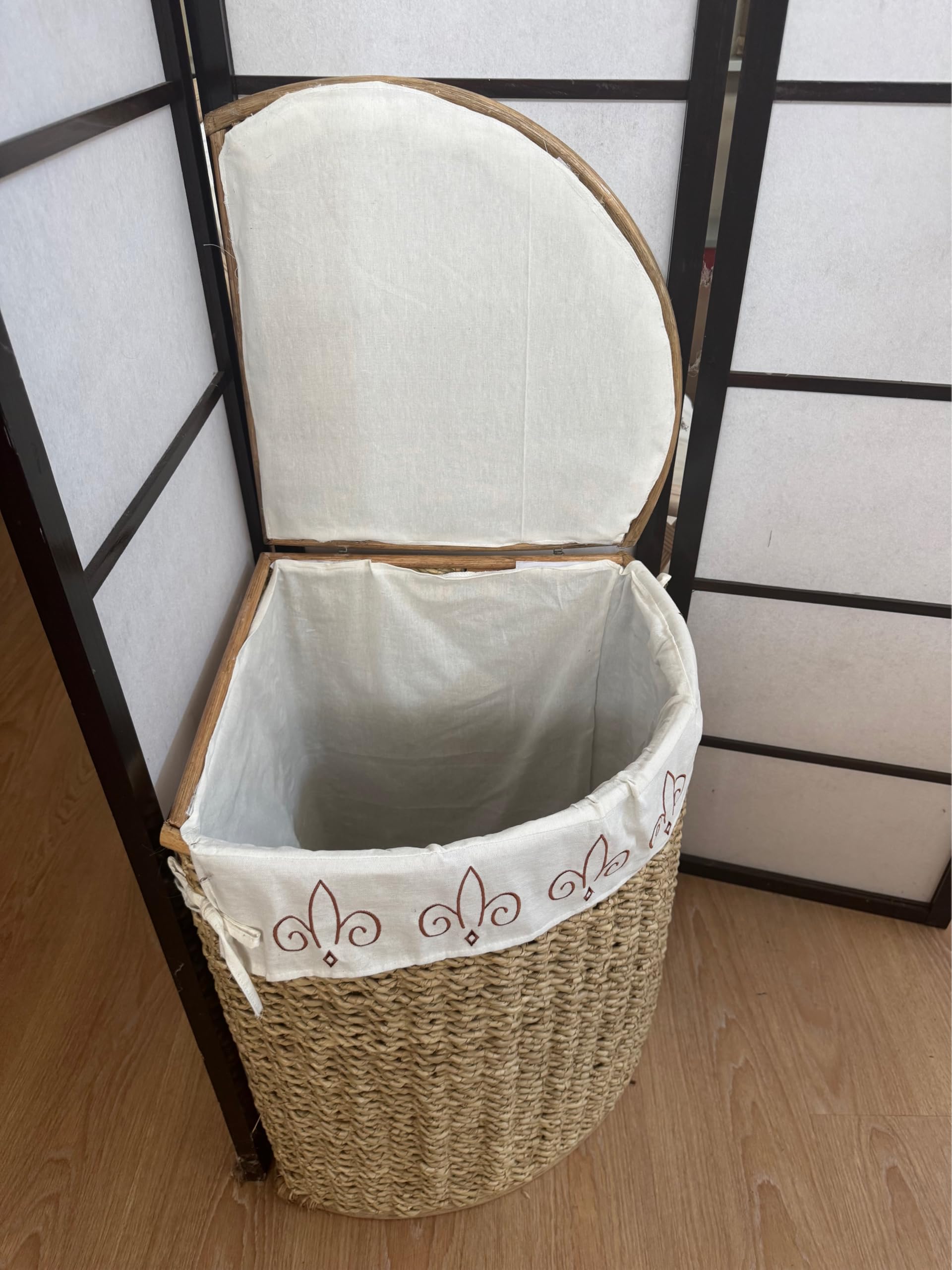 Portabiancheria ad Angolo in Fibra Naturale vimini 35x35x55 cm con Coperchio – Cesto Porta Biancheria con Fodera Interna in Cotone Rimovibile