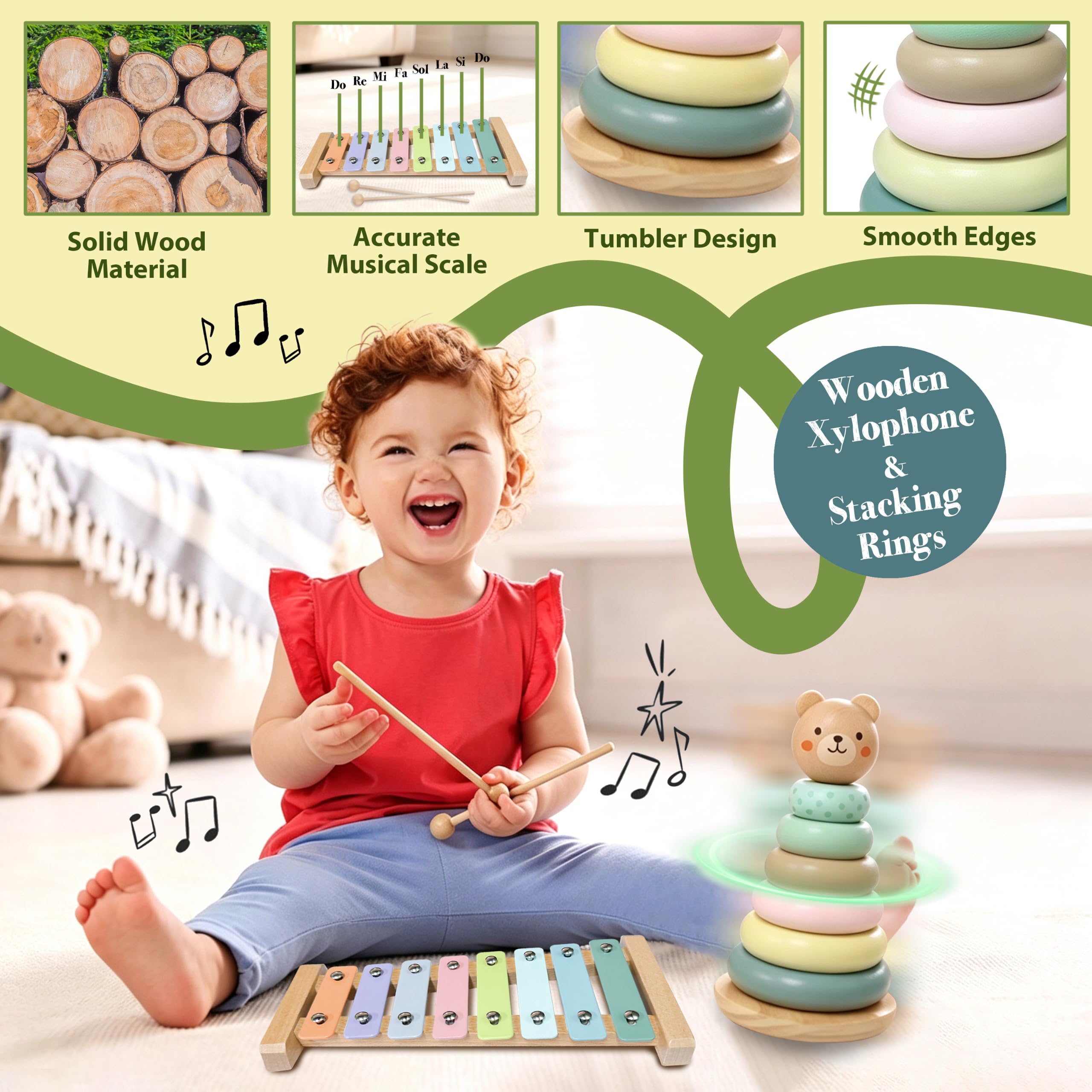 Montessori - Giocattolo per bambini 6 mesi, 6 in 1, giocattolo Montessori per bambini dai 6, 9 e 12 mesi, con scatola per fazzoletti, xilofono, anelli impilabili in legno, giocattolo in