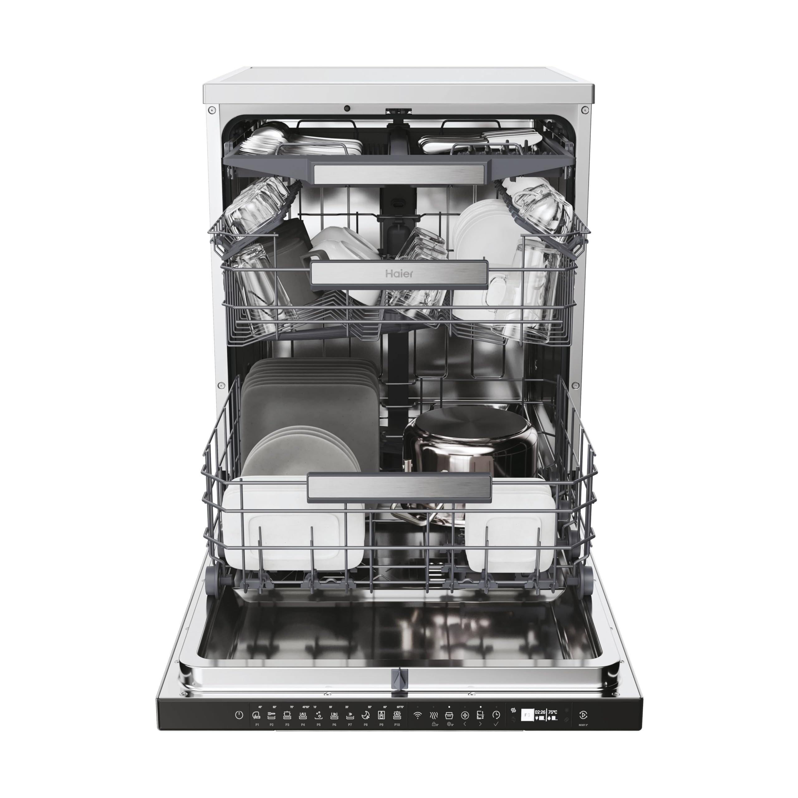 Haier I-PRO SHINE SERIE 3 XF 5C4M1X freistehender Geschirrspüler / 15 Maßgedecke/Breite 60 cm/AutoDoor/PowerWash / 3. Oberkorb für Besteck/Vollwasserschutz/Edelstahl