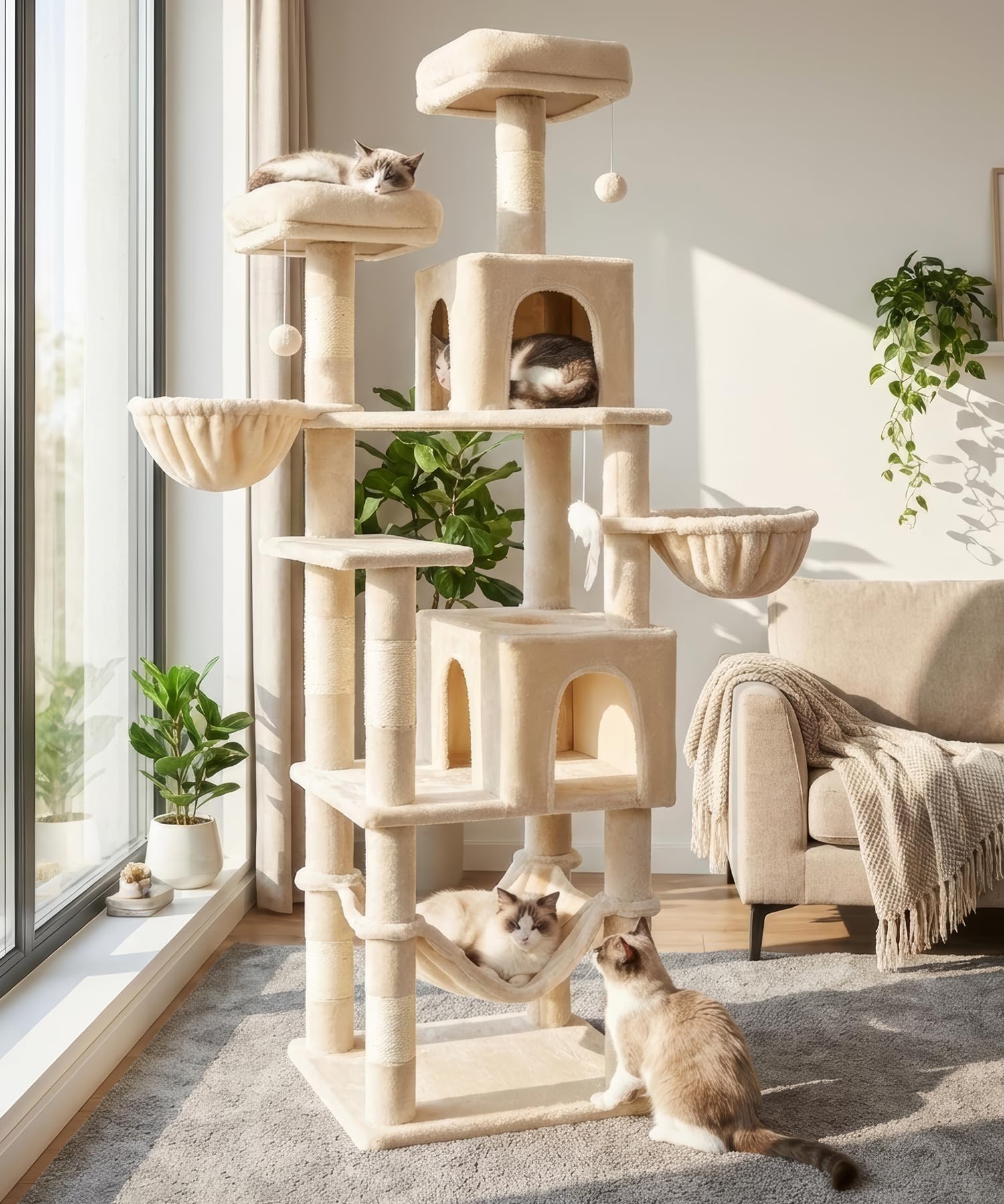 AMHANCIBLE Tall Cat Tree, 70 Inch Cat Tower for Indoor Cats, Multi-Level Cat Tree with Scratching Post, Hammock, Hanging Basket, Large Cat Condos for Adult Cats Kittens, Beige, PT18BG