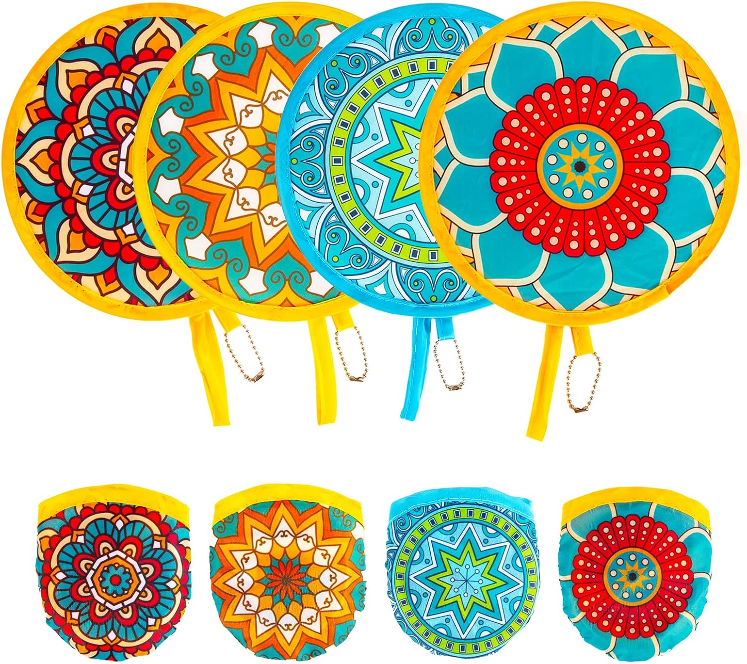 4 Pack Assorted Mandala Pattern Hand Fans for Women Foldable Wallet Hand Fan, Multi-Role Round Handheld Fans for Travel, Events, Indoor & Outdoor (Mandala)