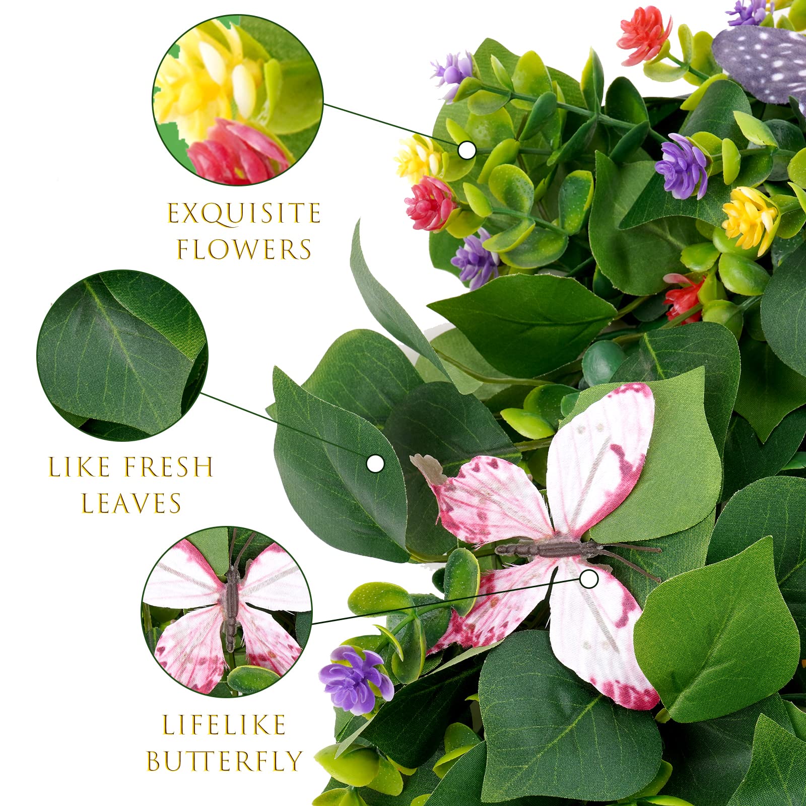 Couronnes de Printemps pour Porte d'Entrée 18 Po Extérieur Bienvenue Fleurs d'Été Résistantes aux Intempéries Verdure Toutes Saisons Couronnes Rondes