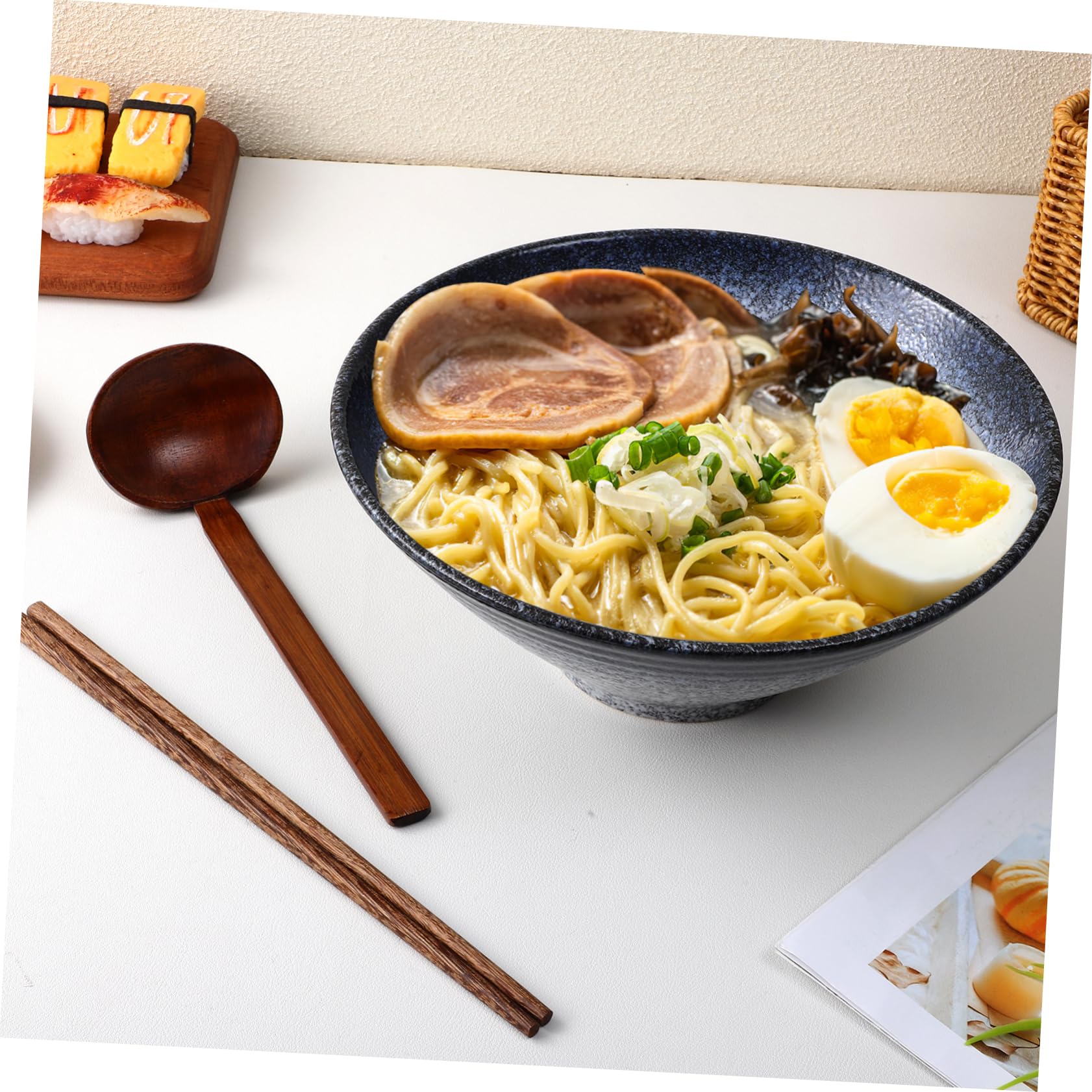 Ensemble Bol De Nouilles Ramen 23 Cm En Céramique Avec Cuillère En Bois Anti-fuite Et Baguettes En Bois De Wings D'aile, Design Antidérapant, Pour Maison Et Restaurant, Set 3 Pièces