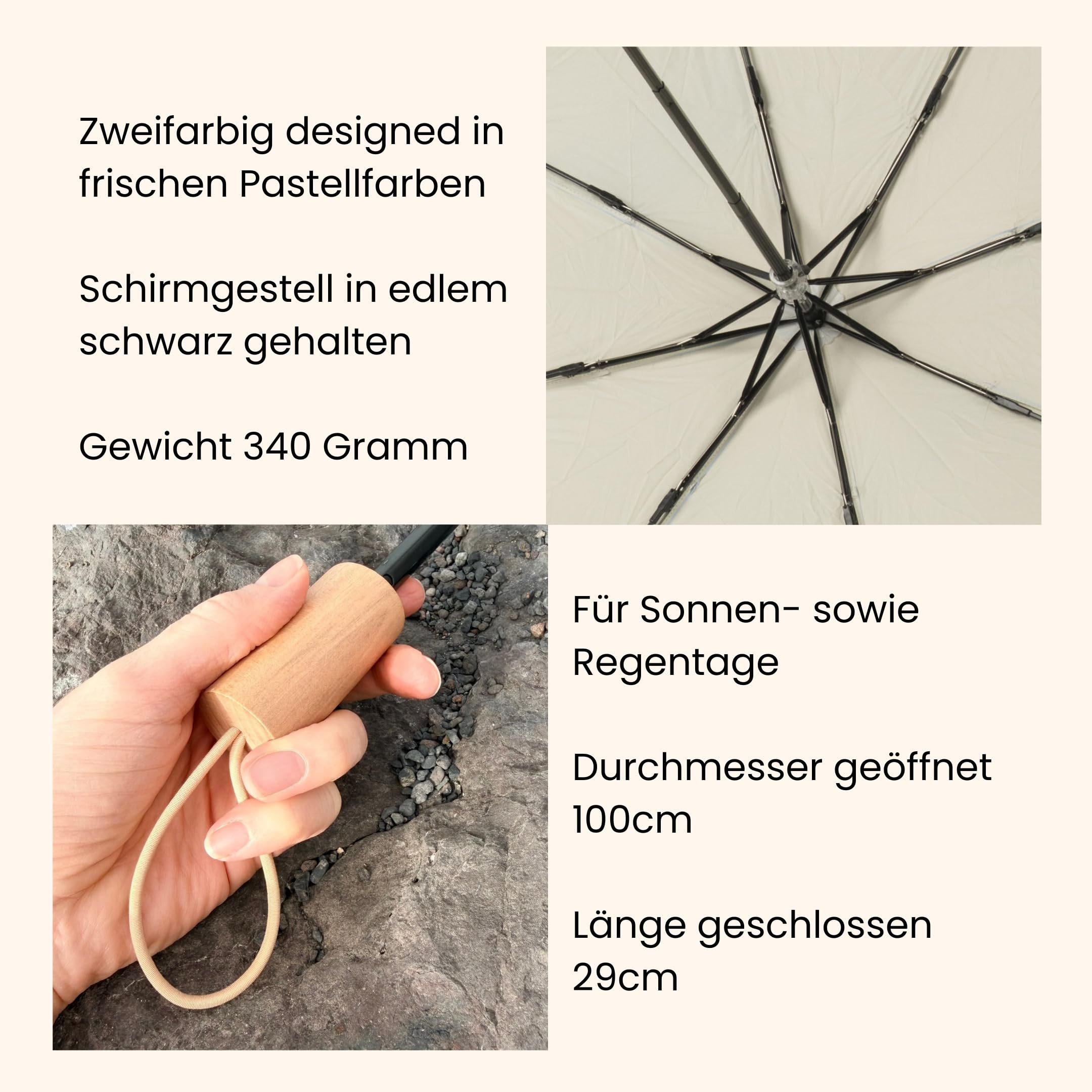 UV Taschenschirm UPF 50+, zweifarbig, mit elegantem Holzgriff