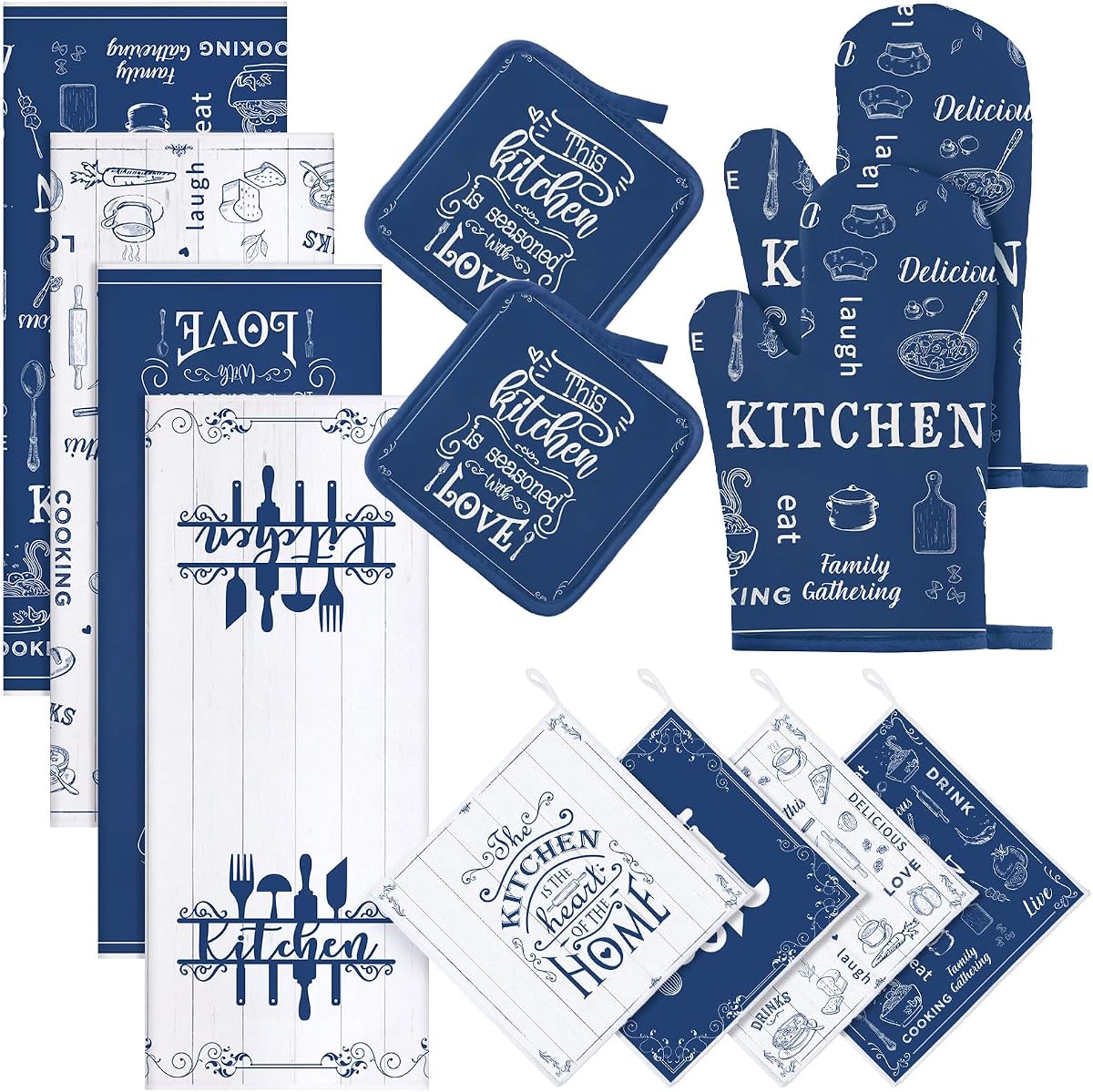 Juego de 12 manoplas de horno y soportes para ollas de cocina de granja, 4 toallas de mano de cocina azules, 4 paños absorbentes, 2 soportes para ollas, 2 manoplas de horno, guantes para decoración del hogar, mamá, hornear, cocinar, asar, regalo