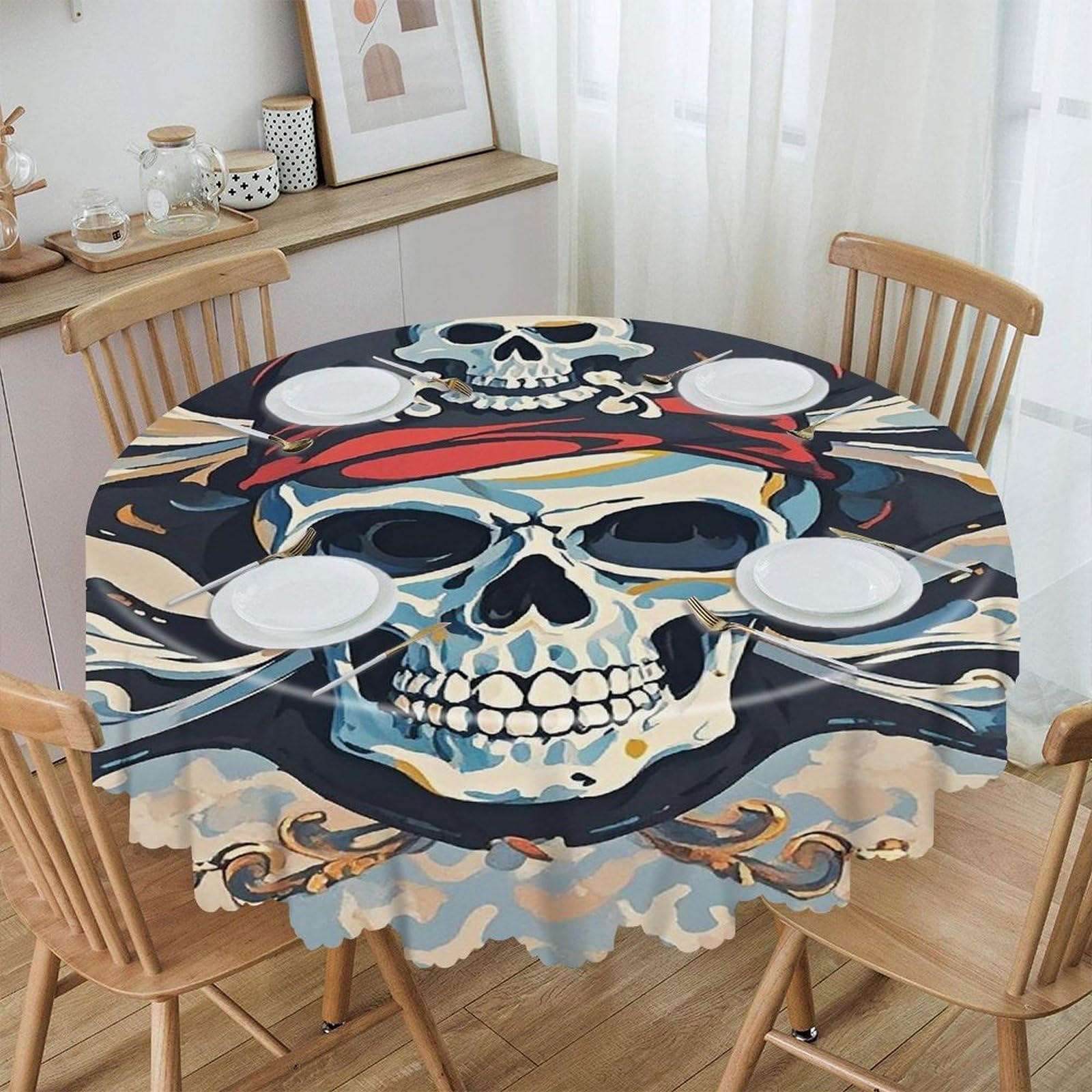 LZQPOEAS Pirate Flag Skull Round Tablecloth Rustic Circle Table Cloth Wrinkle Resistant Decor Tablecloth Waterproof Washable Table Cover for Kitchen Party Dining Table 60 Inch