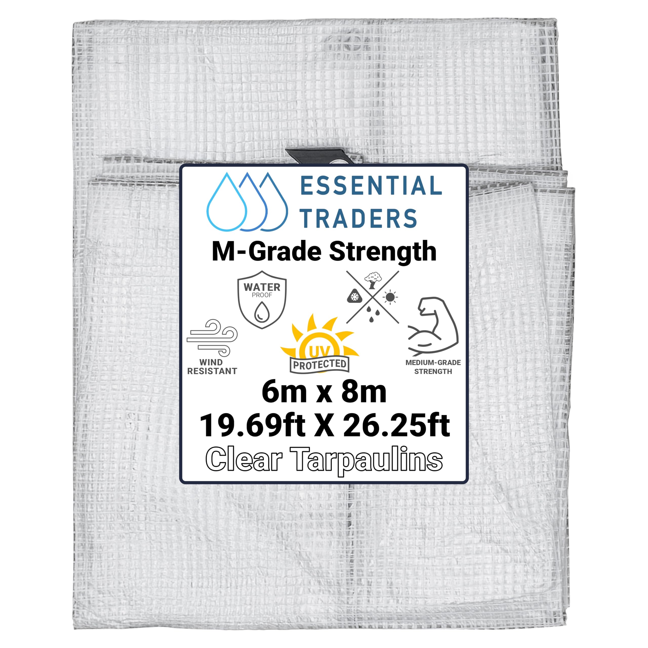 Clear Monotex Heavy Duty Tarpaulin, 100gsm Waterproof Ground Cover Multipurpose Furniture, Caravan, Vehicle, Tool, Camping & Shed Mono Sheet, Medium Weight Reinforced Cotton Mesh (6m x 8m)