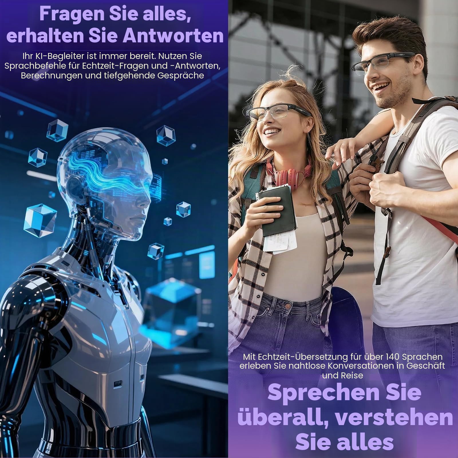 AI Smart Glasses mit 8MP HD Kamera, Smart Brille mit 1200P Video–Wechselbare Gläser, KI Brillen mit Bluetooth 5.4, 3000mAh, Live-Übersetzung, Objekterkennung für Reisen, Büro und Radfahren