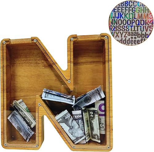 Vista 202 de Alcancía personalizada con nombre grabado láser, banco de almacenamiento de letras del alfabeto creativo, juguete de madera personalizado con letras