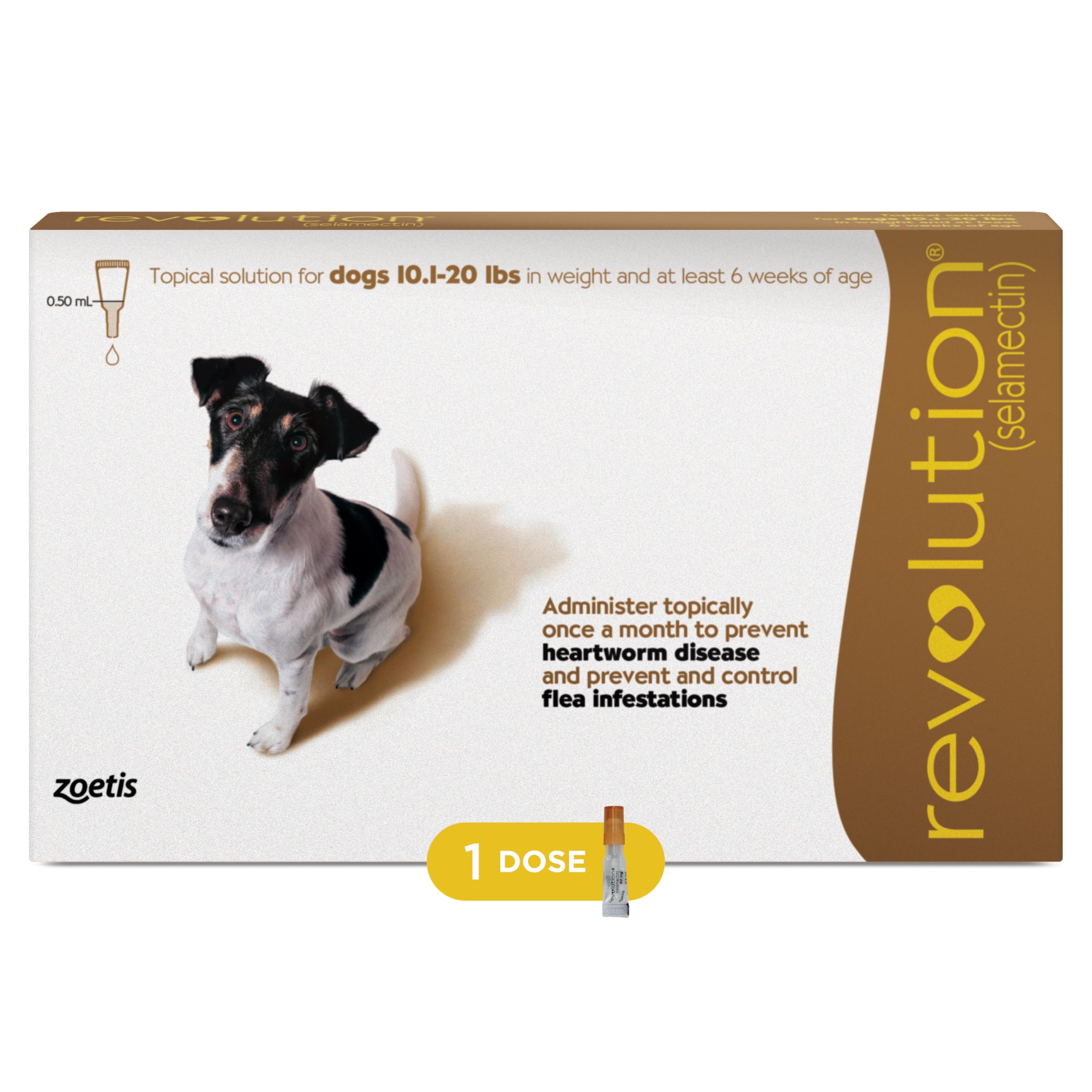 Revolution (selamectin) Topical Solution for Dogs, 10.1-20 lbs (Brown), 1 Tube