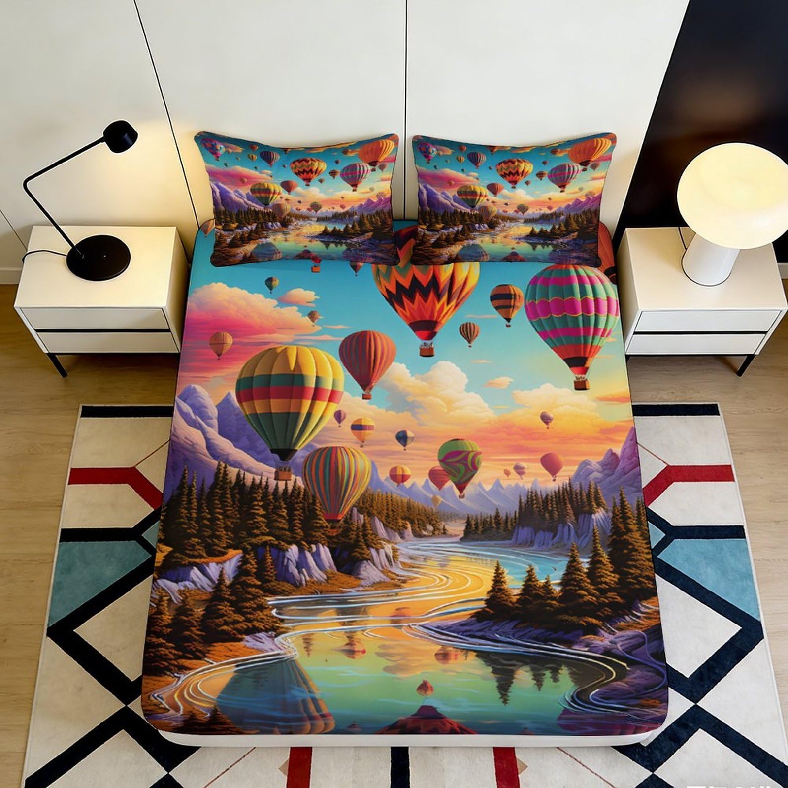 3D Printed Hot Air Balloon Sunset Fitted Sheet Microfiber Soft Bed Cover Scenic Lake Bedroom Decor 90x200x25cm