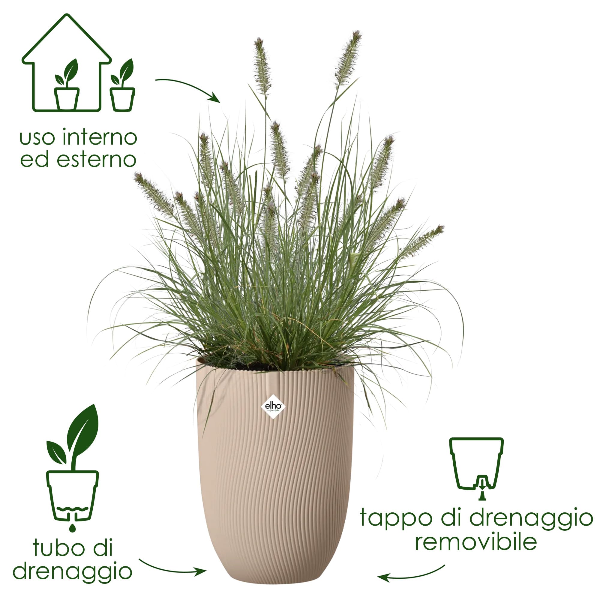 Elho Sereh High 40 - Vasi per Piante - Interno e Esterno - 100% Plastica Riciclata - Ø 39 x H 53.4 cm - Marrone/Cool Clay