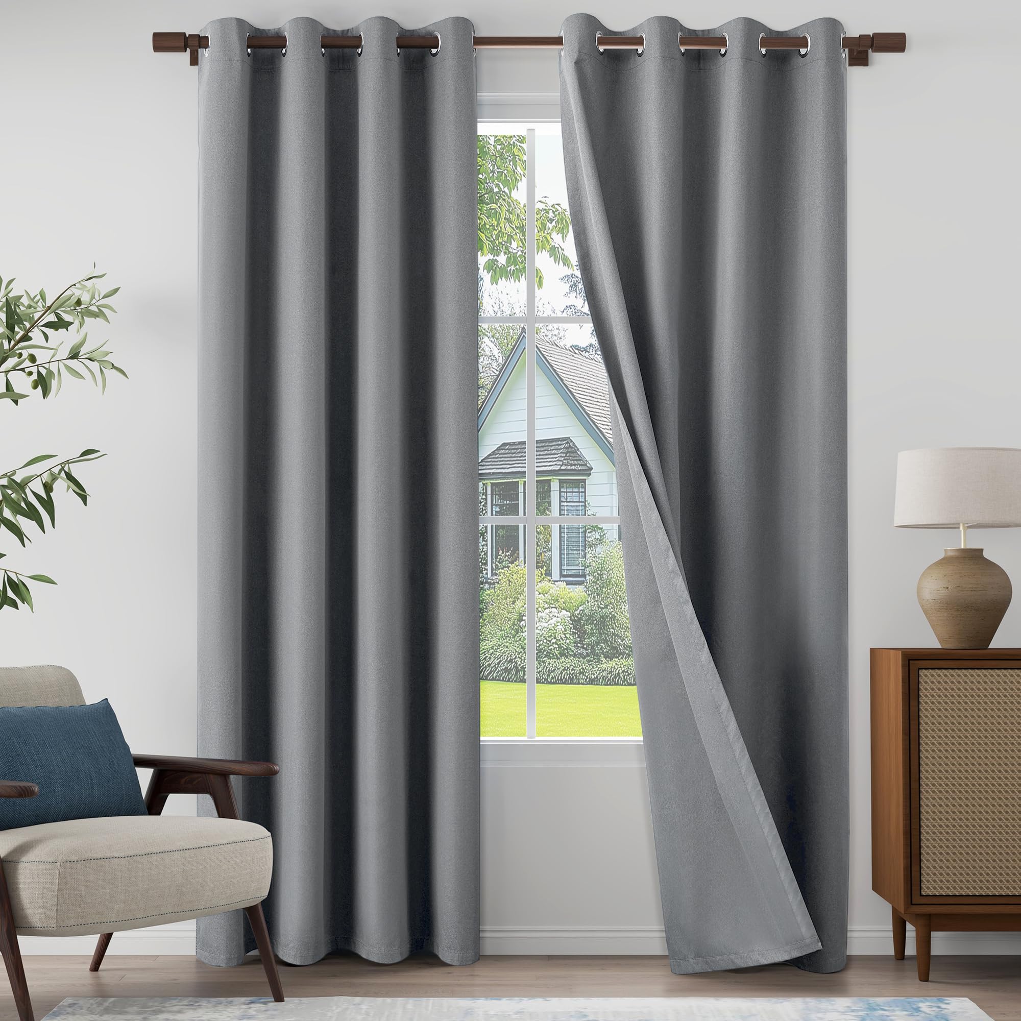 Photo 1 of 100% Blackout Linen Textured Curtains 95 Inch Length 2 Panels Set for Living Room, Bedroom, Light Weight Curtains with Grommets Top, Full Blackout Curtains Privacy Protection, Gray, 52" W x 95" L