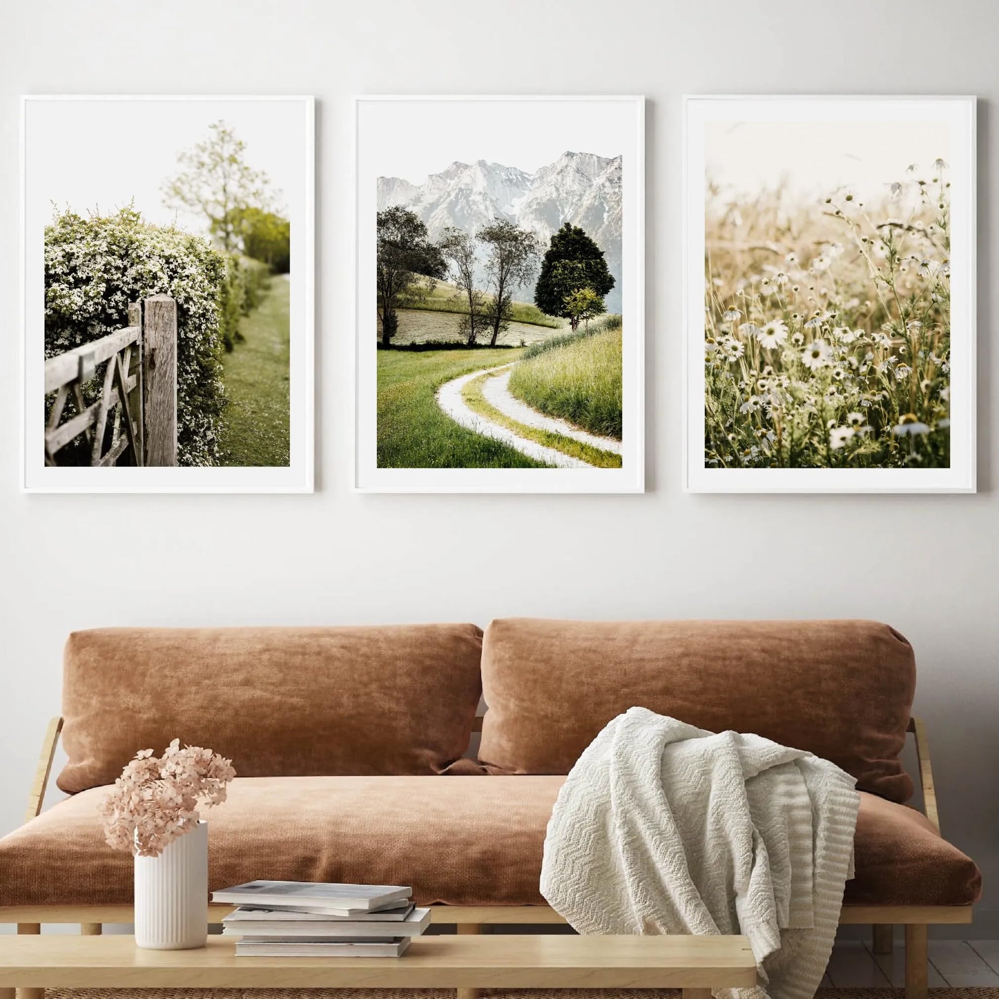Ltjiajuypd Frameless Nature Wall Art Green Landscpe Canvas Painting Prints Forest Poster Wildflowers Field(40X55cm-3Pcs)