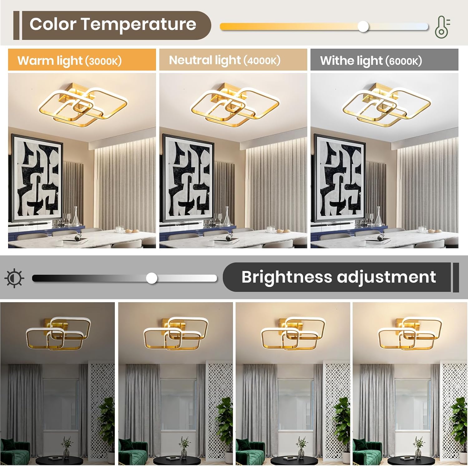 Modern Ceiling Light,Dimmable LED Ceiling Light Fixtures with Remote Control,Square Flush Mount Ceiling Lamp for Living Room Dining Room Bedroom Kitchen (Gold)