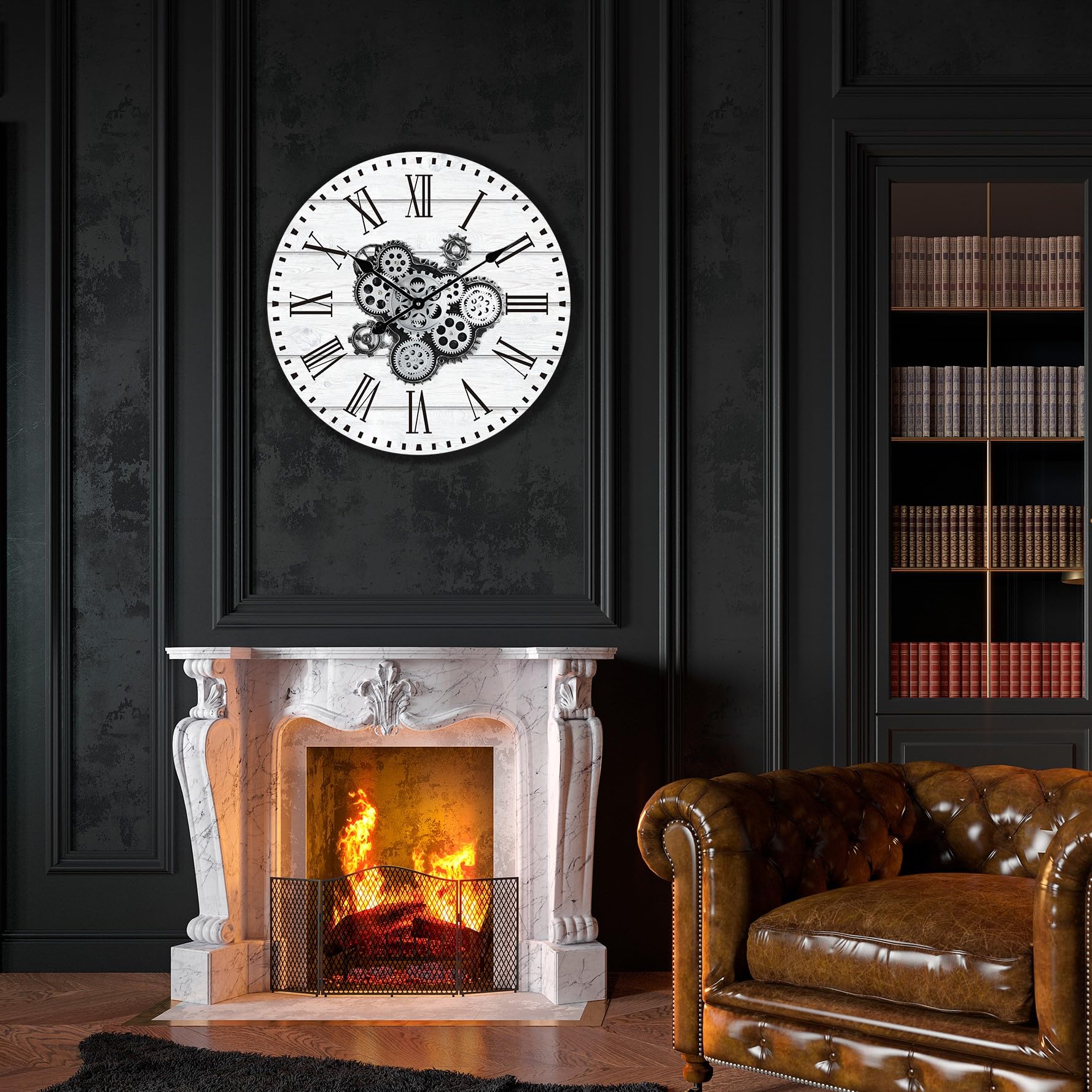 Horloge Murale Engrenages Mobiles Geante 57cm Industrielle Bois Vintage Blanc Pendule Murale Steampunk Chiffres Romains