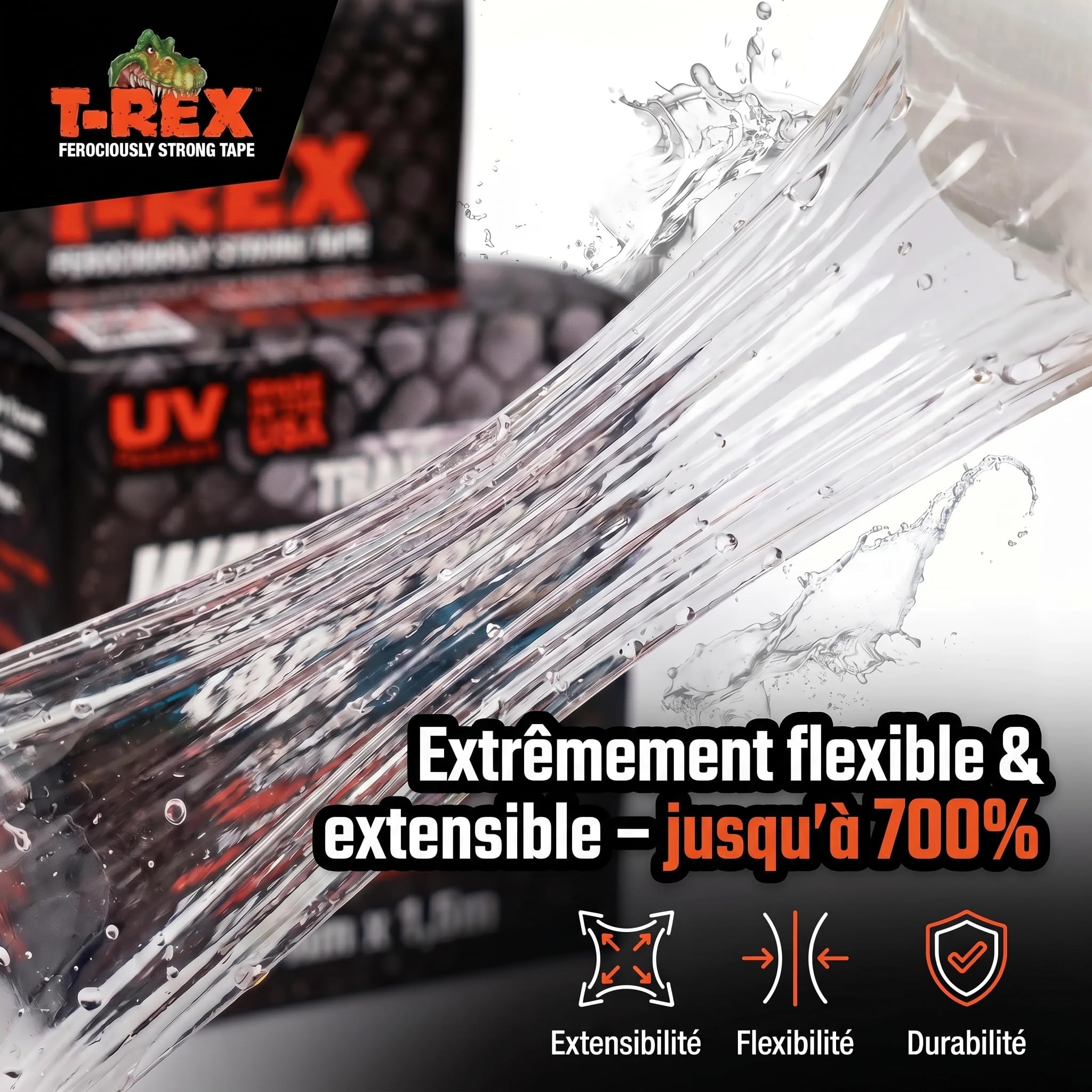 Ruban adhésif transparent étanche T-REX 50mm x 1,5m résistant aux UV chaleur piscine extérieur