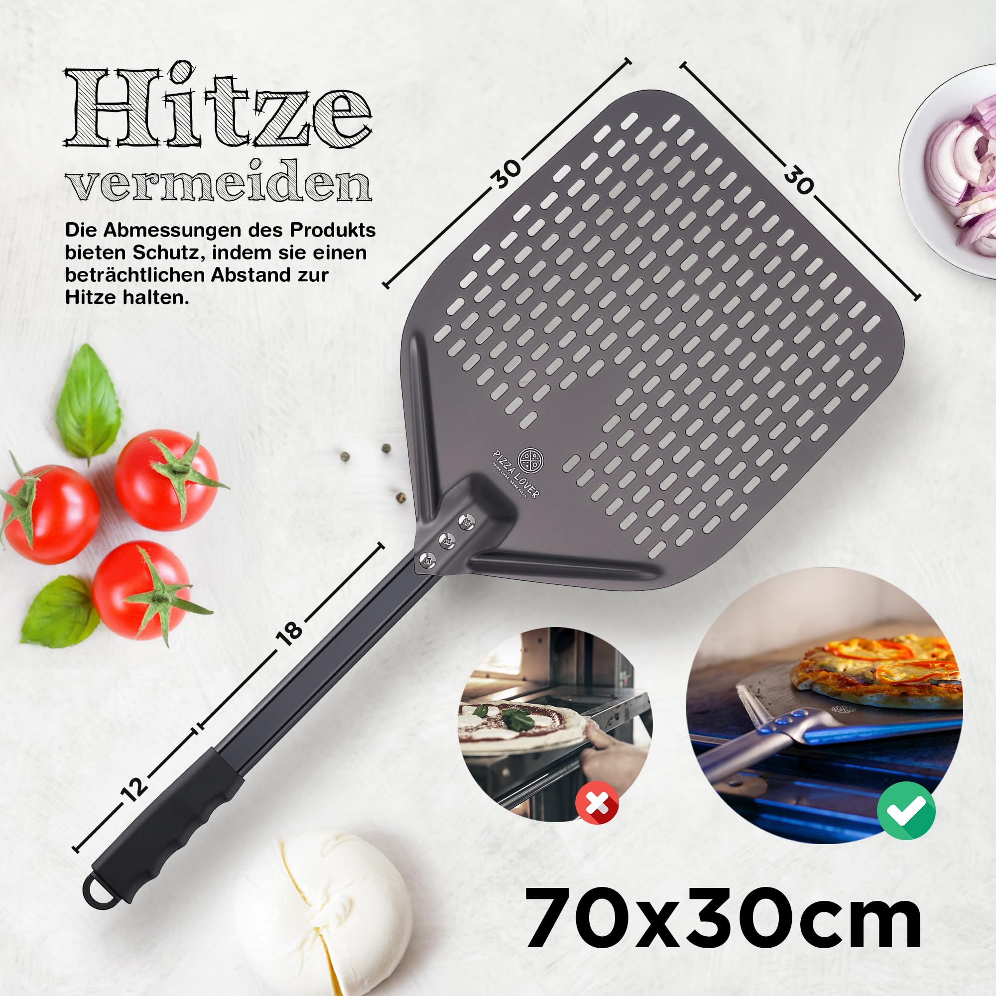Pizza Lover® hochwertiger Pizzaschieber perforiert 30 x 30 cm Pizzaschaufel aus harteloxiertem Aluminium (Antihaft) Pizzaheber für hausgemachte Pizza & Brot ideal für Pizzastein, Backofen & Grill