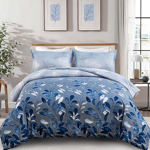 DJY Juego de edredón azul tamaño King, edredón de hojas botánicas azul marino para cama King, juego de edredón reversible floral de 3 piezas, juego