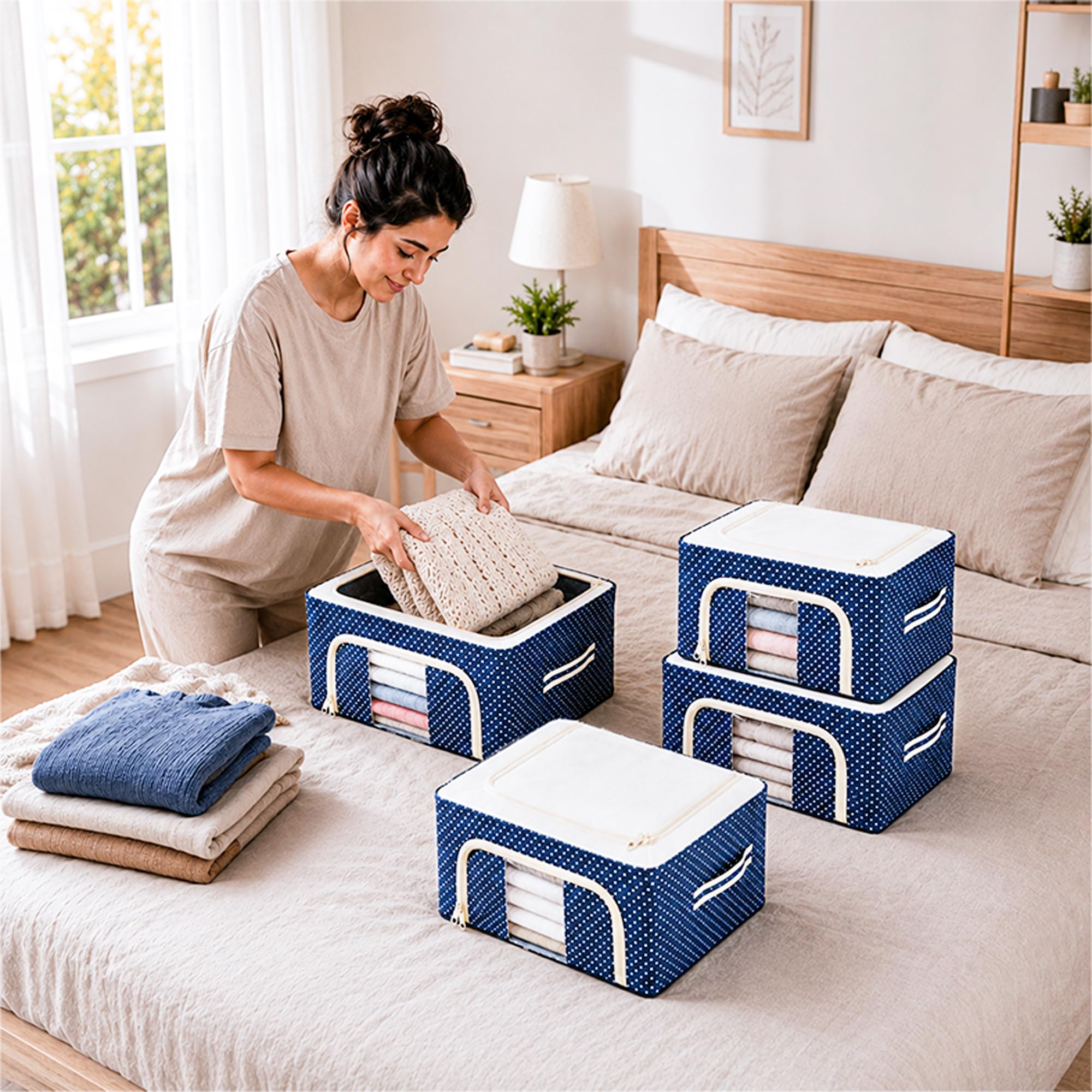 CLAPONE Foldable Steel Frame Cloth Organizer Storage Box and Organiser/Wardrobe Organizer for Storage/almirah for Sarees/Shirts/Blankets/Clothes Storage Box (Blue, 24 Ltr Pack Of 4)-image-27