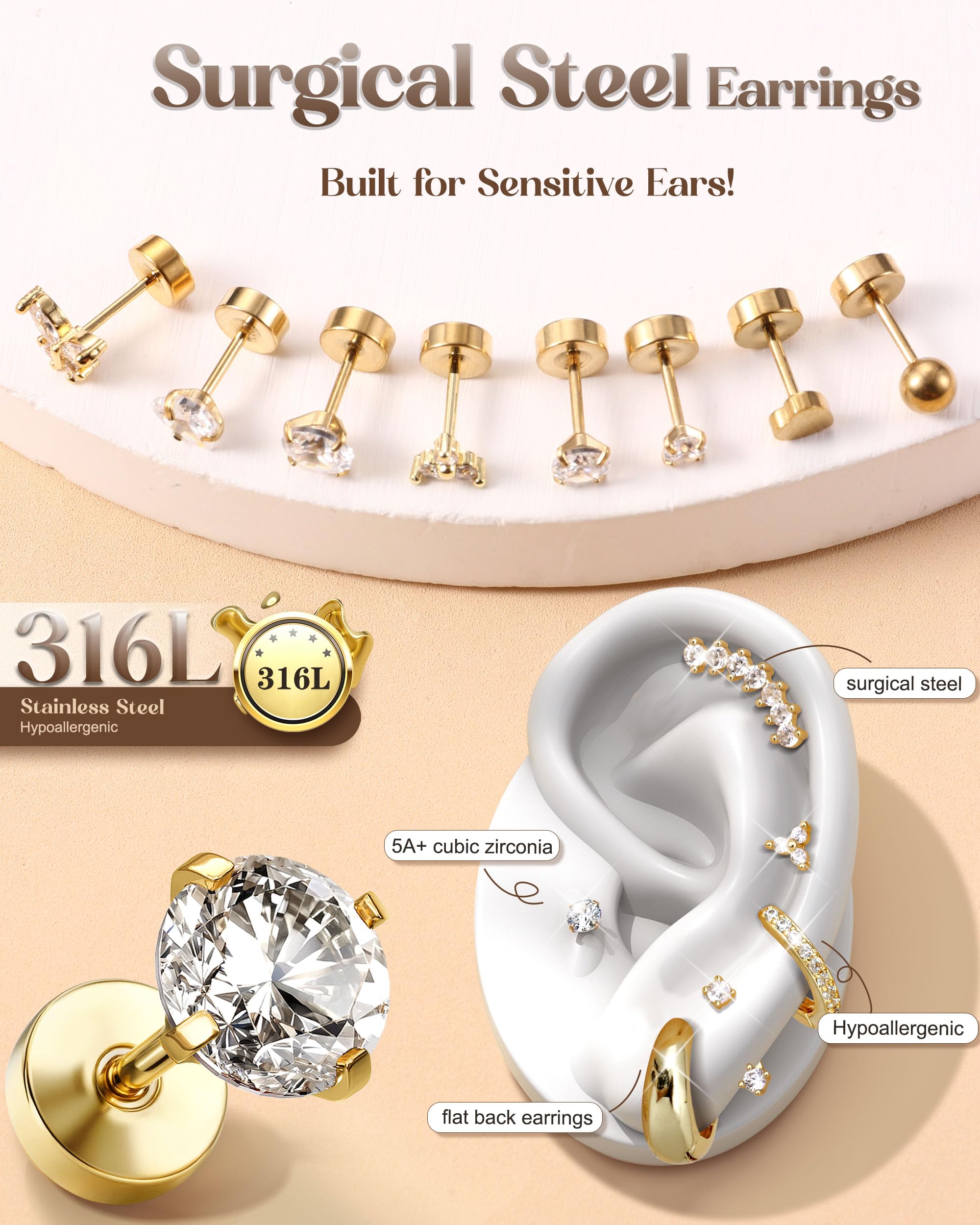 LOLIAS 20Pcs Piercing Orecchio Acciaio Chirurgico Set Orecchio Donna Orecchini Cerchio Piccoli Orecchini a Bottone Conch Piercing Cartilagine Orecchini Piercing Trago Helix Piercing Argento Oro