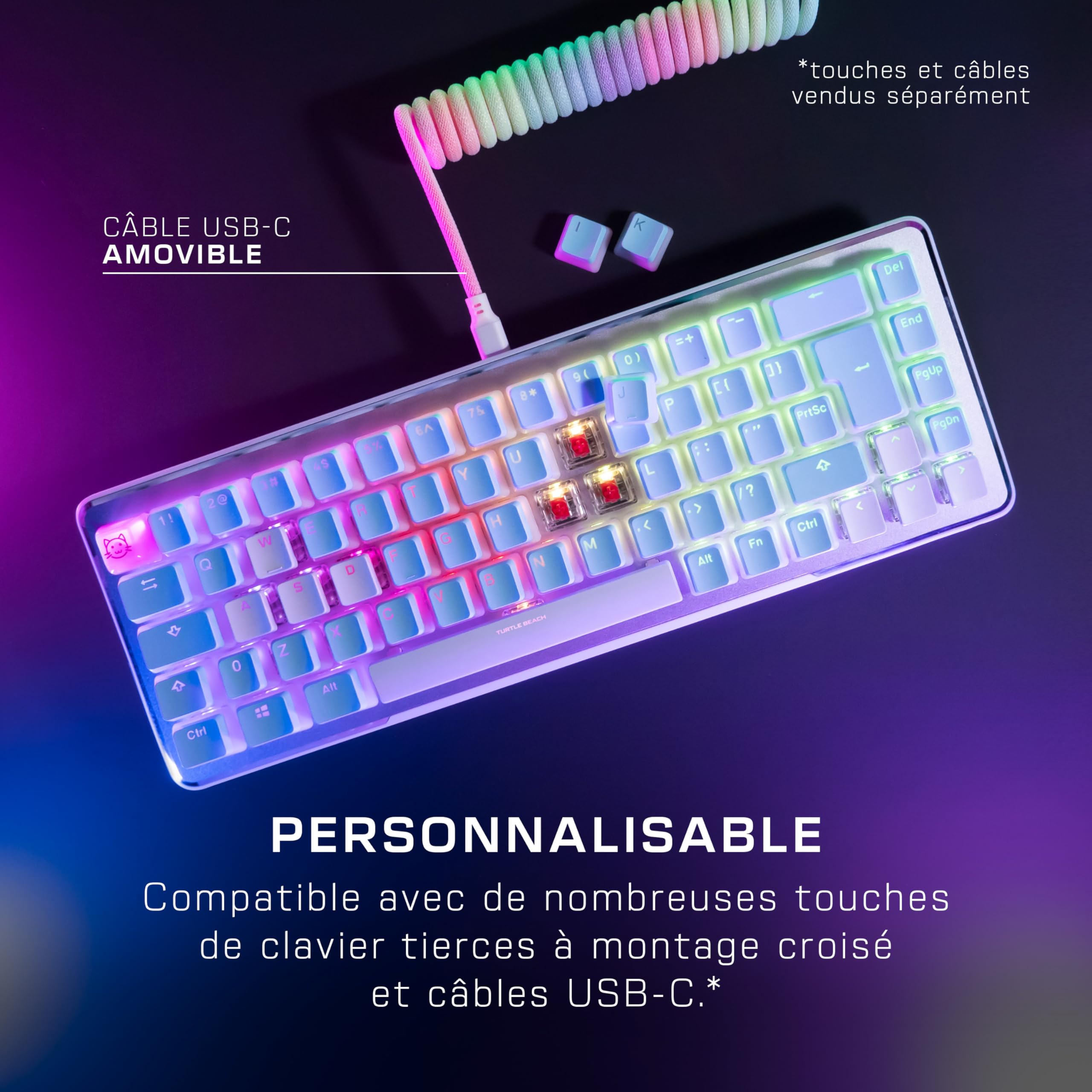 Turtle Beach Vulcan II Mini – Clavier Gaming Optique 65% avec éclairage RGB Personnalisable, Technologie de Duplication de Boutons, Plaque en Aluminium - Blanc