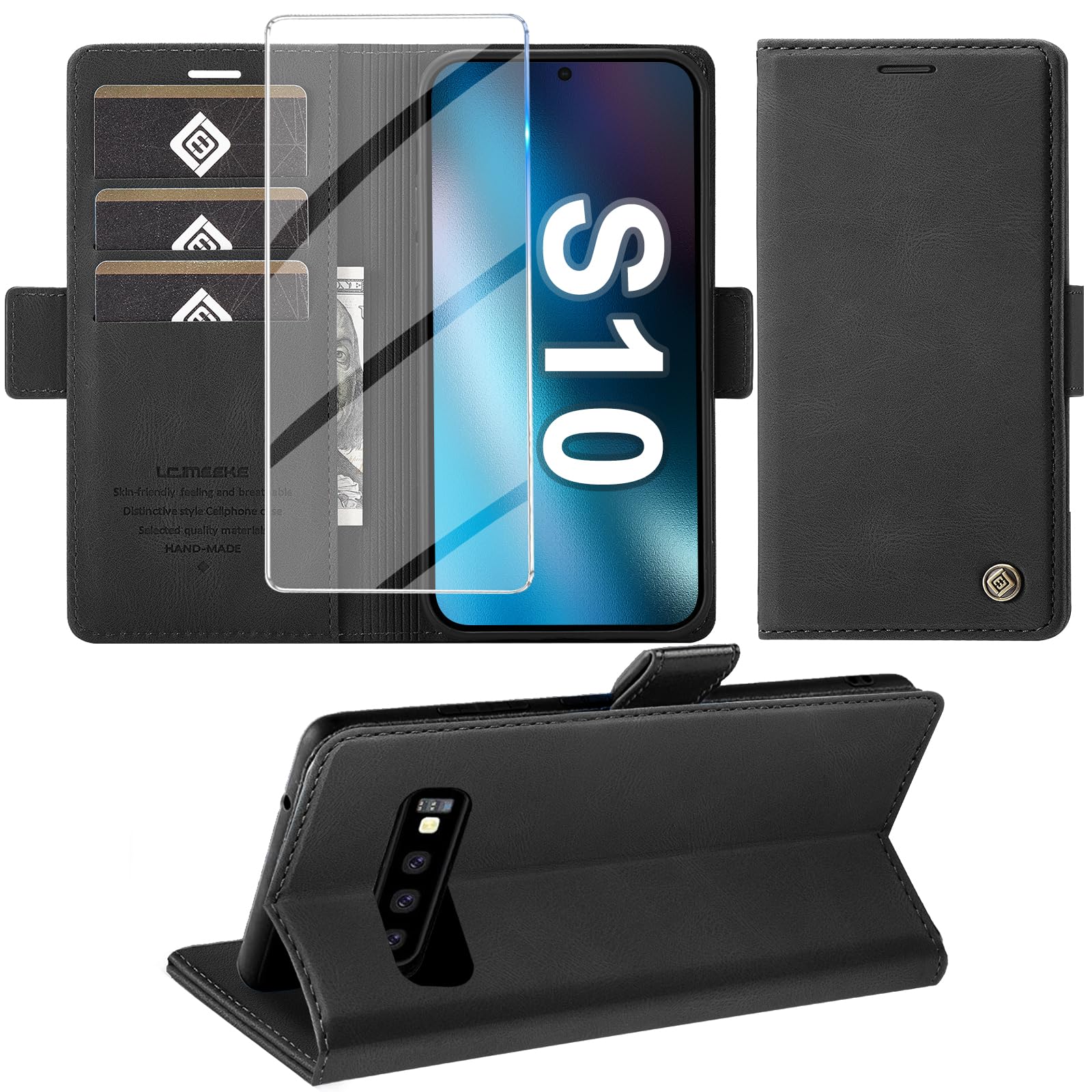 für Samsung Galaxy S10 Hülle mit Schutzfolie, Handyhülle Galaxy S10 Standfunktion Kartenfach Wallet Premium Leder Schutzhülle S10 Flip Case Cover Stoßfeste Klapphülle (Schwarz)