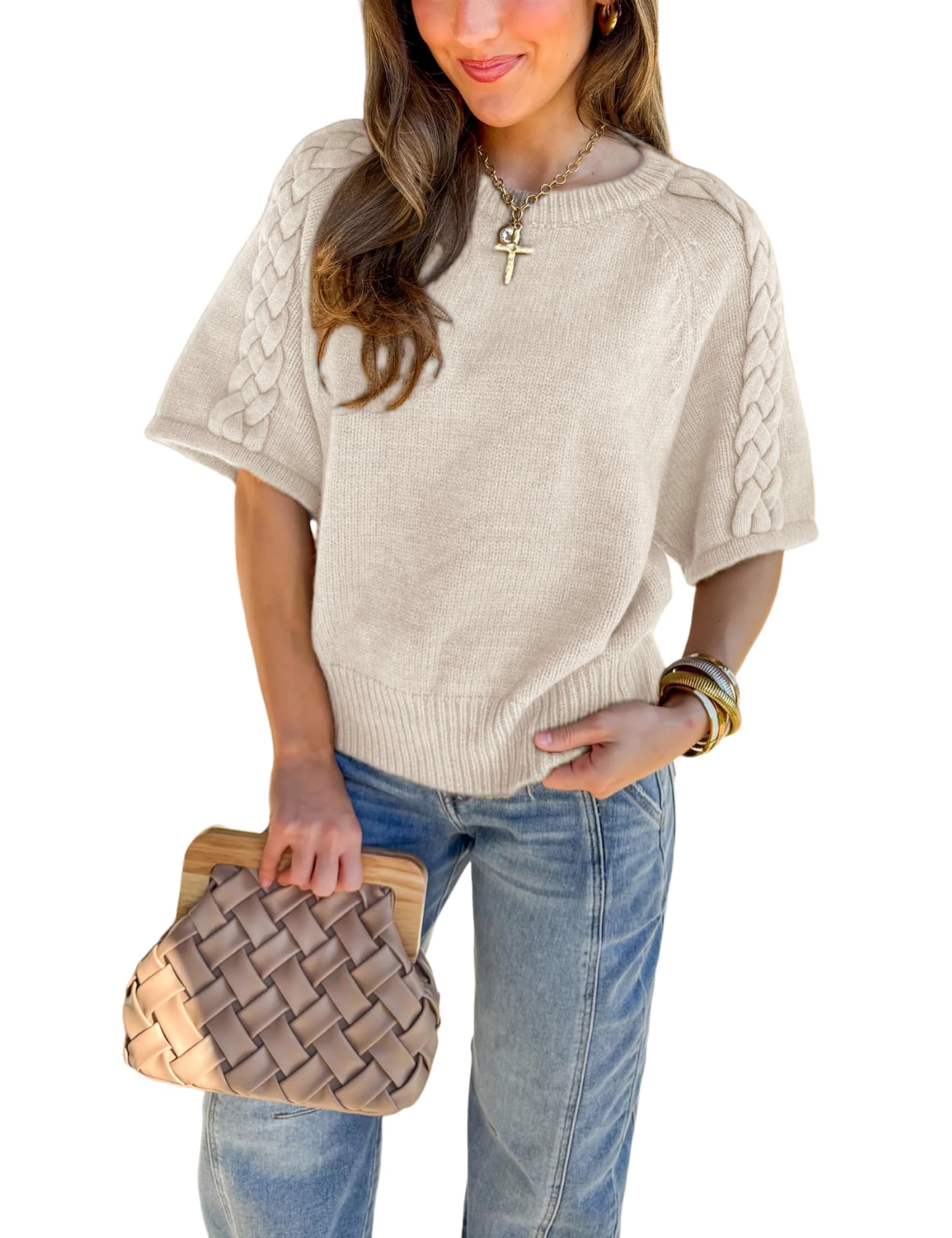 Yeokou Womens Short Sleeve Sweater Oversized Round Neck Cable Knit Pullover Summer Fall Casual Top Blouse