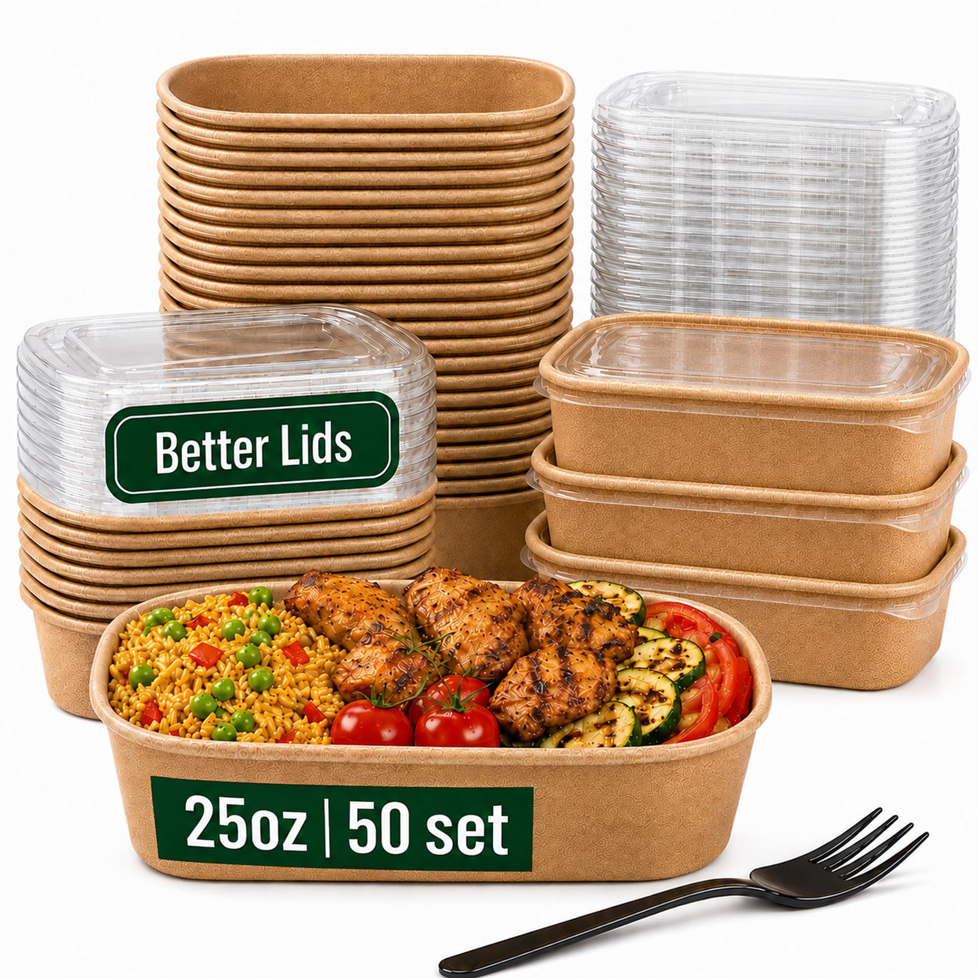 50 Pack 25oz Disposable Meal Prep Containers with Lids, Paper Food Bowls