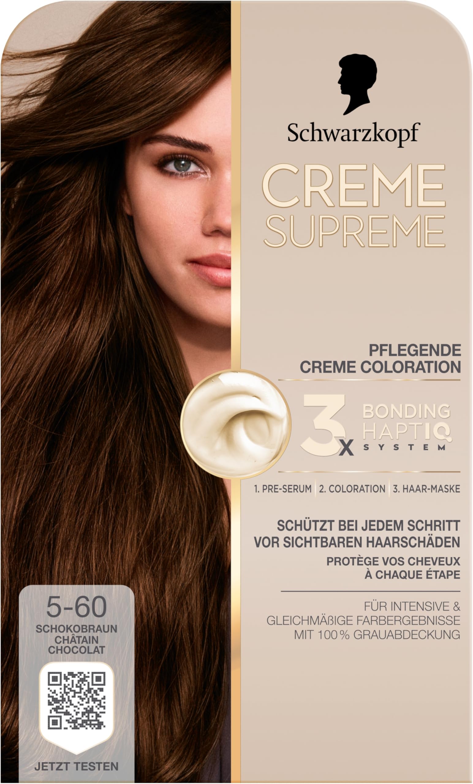 Schwarzkopf Creme Supreme Coloration 5-60 Schokobraun (4x 182 ml), dauerhafte Haarfarbe mit Serum und Haar-Maske schützt vor sichtbaren Haarschäden, für 100% Grauabdeckung