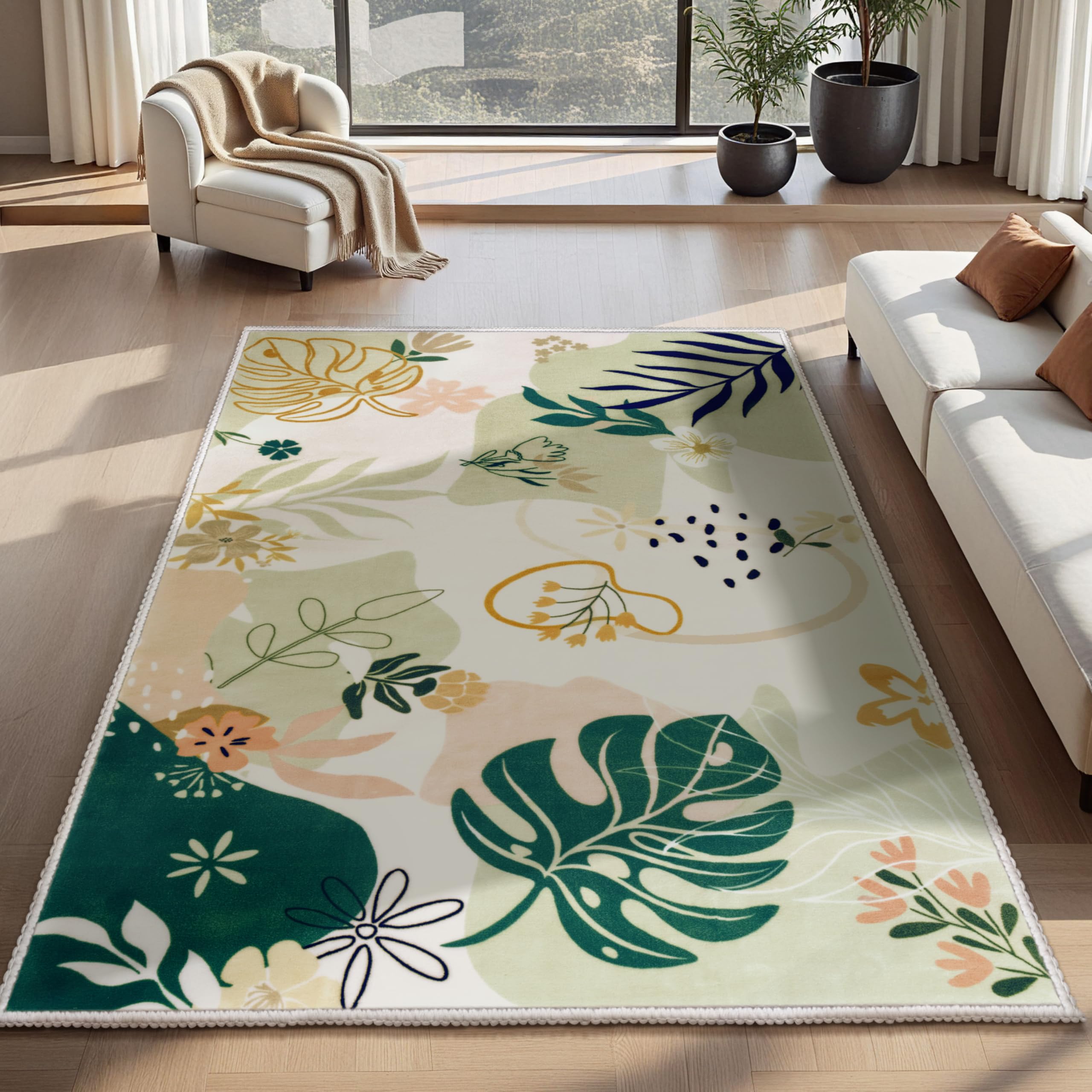 Joiedomi Tappeto Moderno, Lavabili,120x 180 cm, per camera da letto, antiscivolo per tappeti, morbidi, con supporto in gomma, Art Flora, per pavimenti interni, sala da pranzo, comodino (Verde)