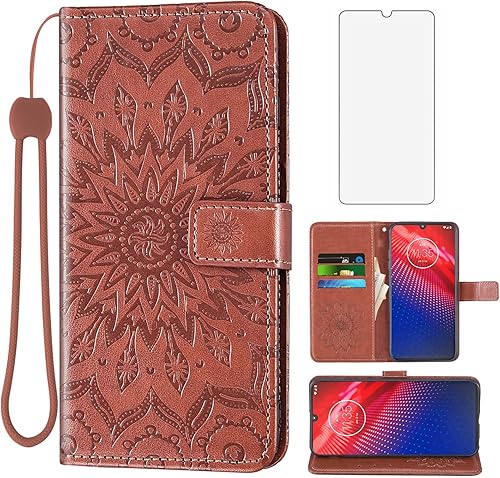 Funda de teléfono para Motorola Moto Z4 PlayMoto Z4 con protector de pantalla de vidrio templado, funda magnética de piel, soporte para tarjetas,