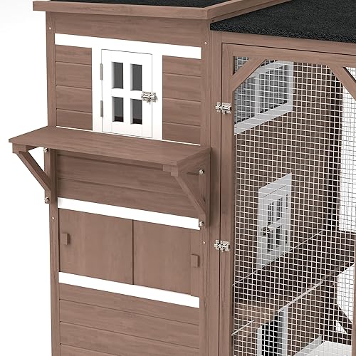 Miniatura 9 de PawHut Casa para gatos al aire libre, catio de madera con techo de asfalto, plataformas, condominio de descanso de 3 niveles, puertas con cerradura,