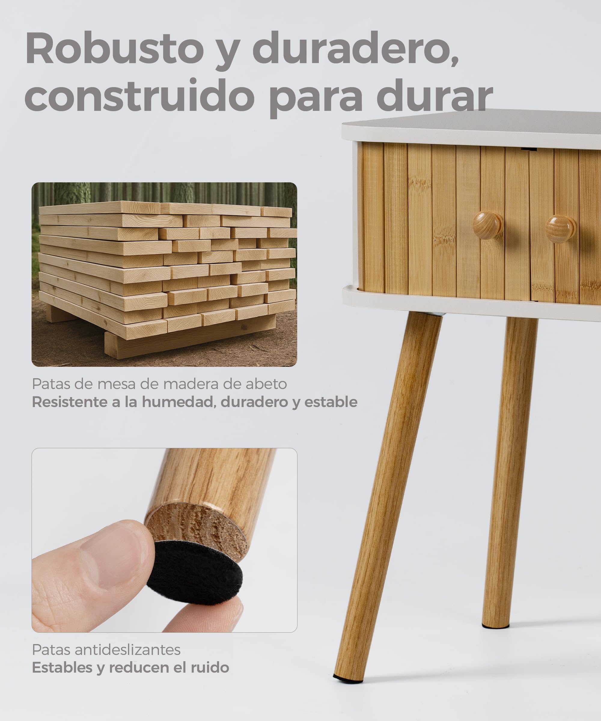 SUMGAR Mesita de Noche Blanca con 2 Puertas de Bambú Mesa Auxiliar Sofa