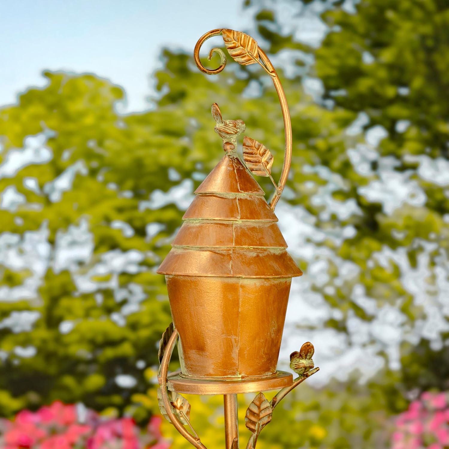Copper Colored Fancy Design Birdhouse Garden Stakes (Cylindrical with Cone Roof)