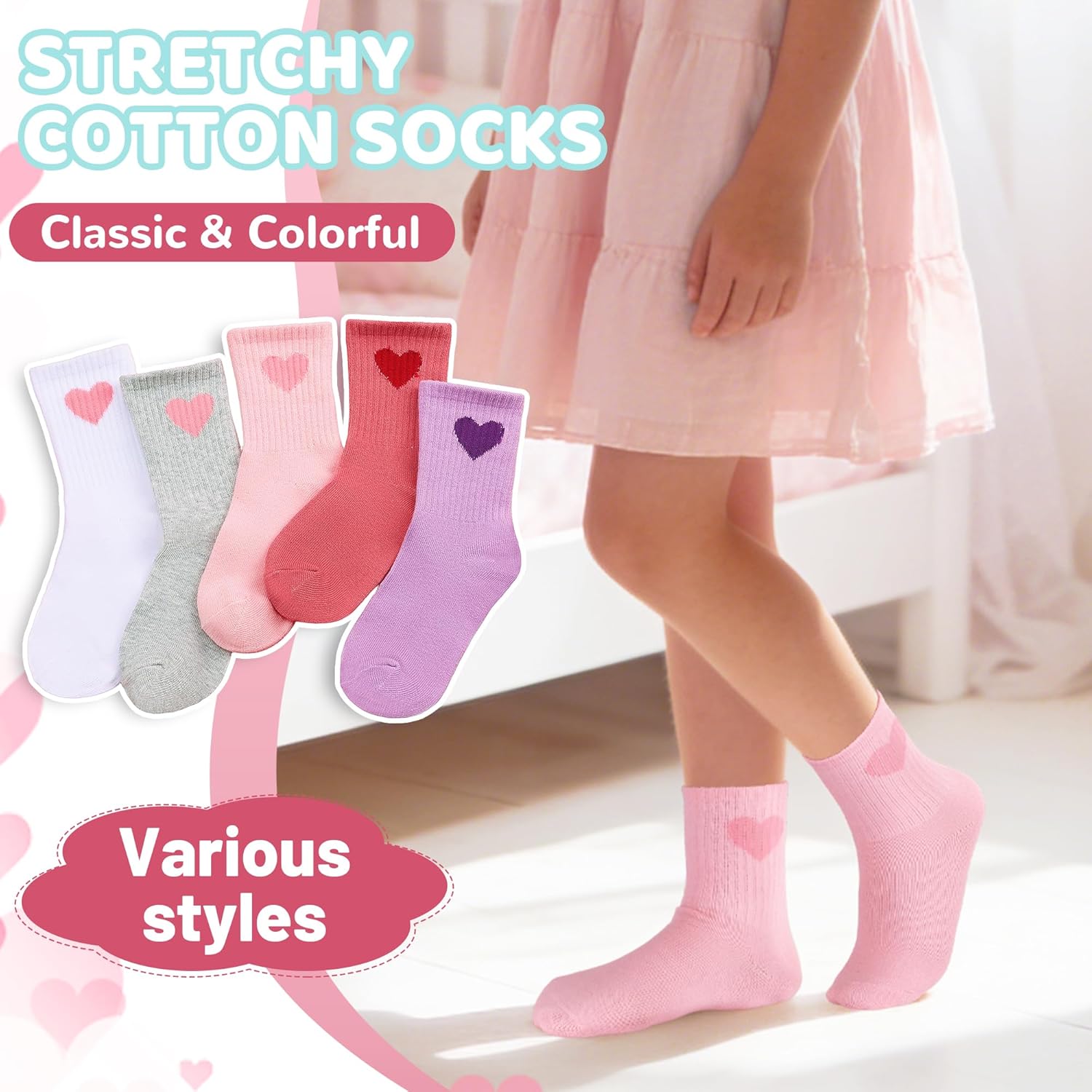 20 Pairs Kids Girls Crew Athletic Socks with Stripes Heart Cute Cotton Socks for Girls 3-12 Years