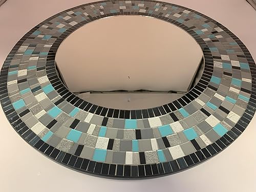 Miniatura 3 de Espejo de mosaico, decoración artística de pared, espejo de pared decorativo hecho a mano, turquesa, marrón, gris oscuro y espejo de mosaico de