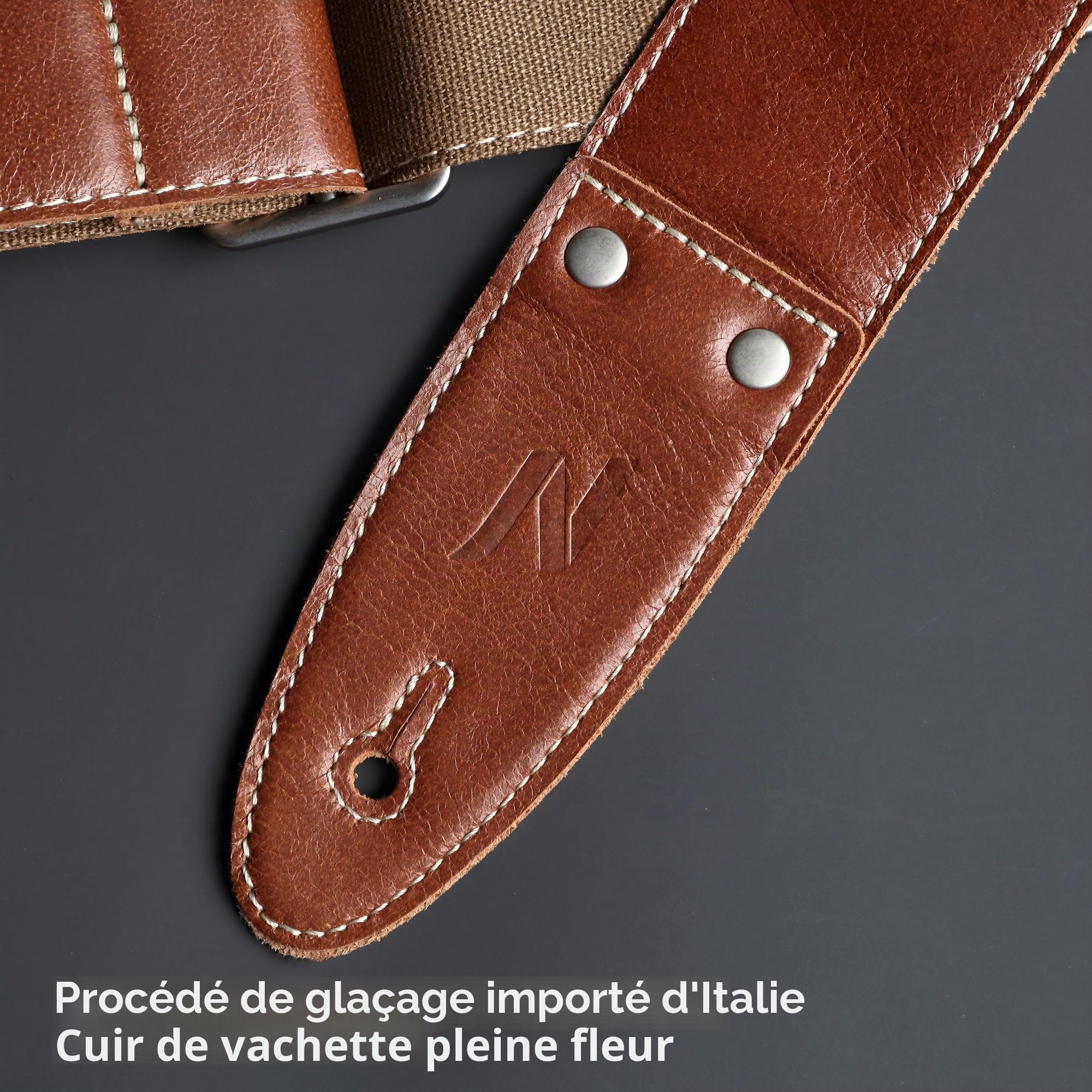 Nefelibata Sangle de guitare en cuir pleine fleur de 5,1 cm avec poche pour médiator pour basse, guitare électrique et acoustique, Ab# - Marron café, M