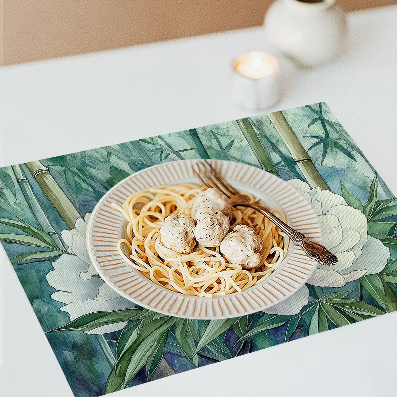 Set di 8 Tovagliette Americane Lavabili Cotone Lino Acquerello - Tovaglietta Americana Resistenti al Calore Durevole Peonia bianca - per Colazione Pranzo 30×45 cm