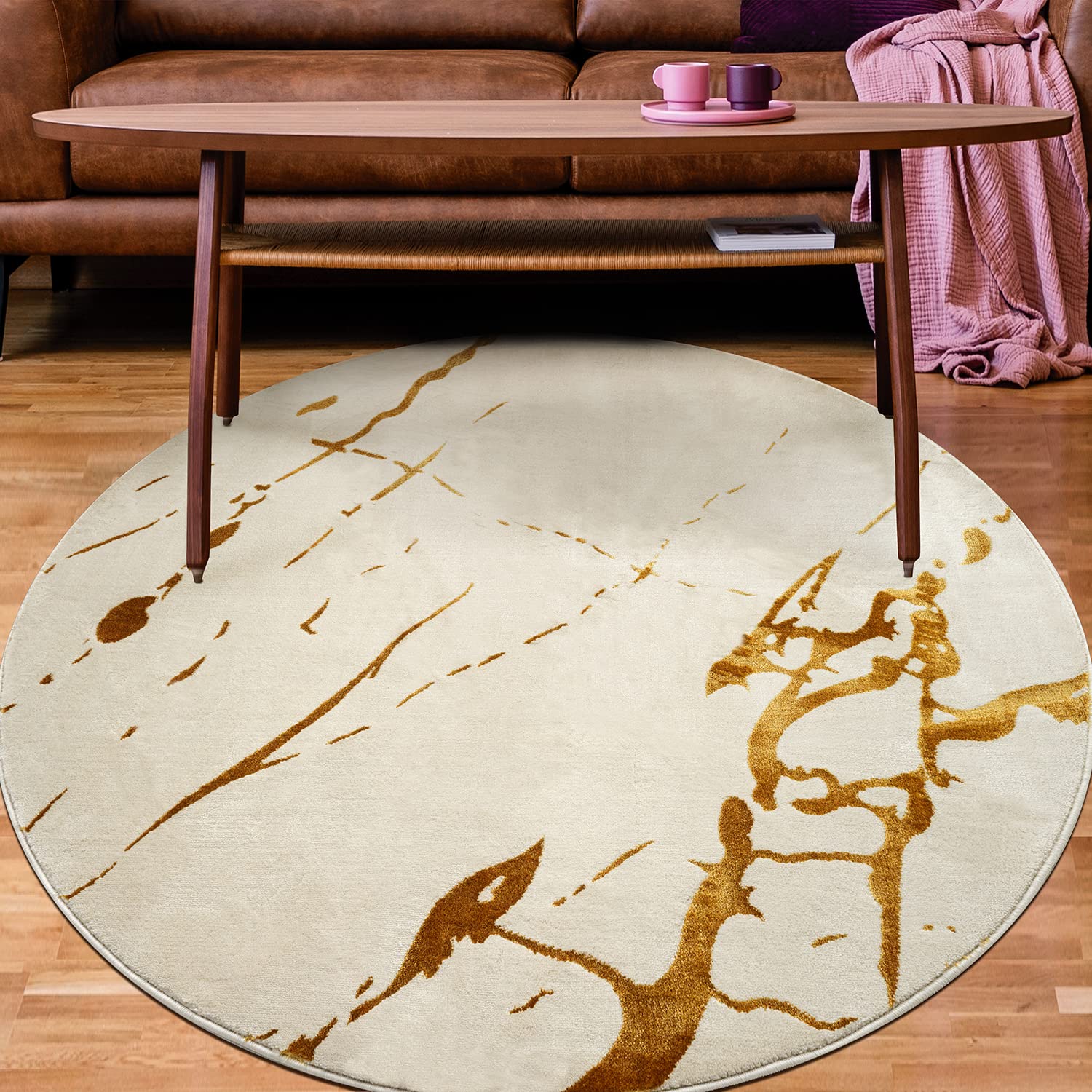 Antep RugsBabil Gold 5x5 Marble Abstract Modern Indoor Round Area Rug (Beige, 5'3" Round)
