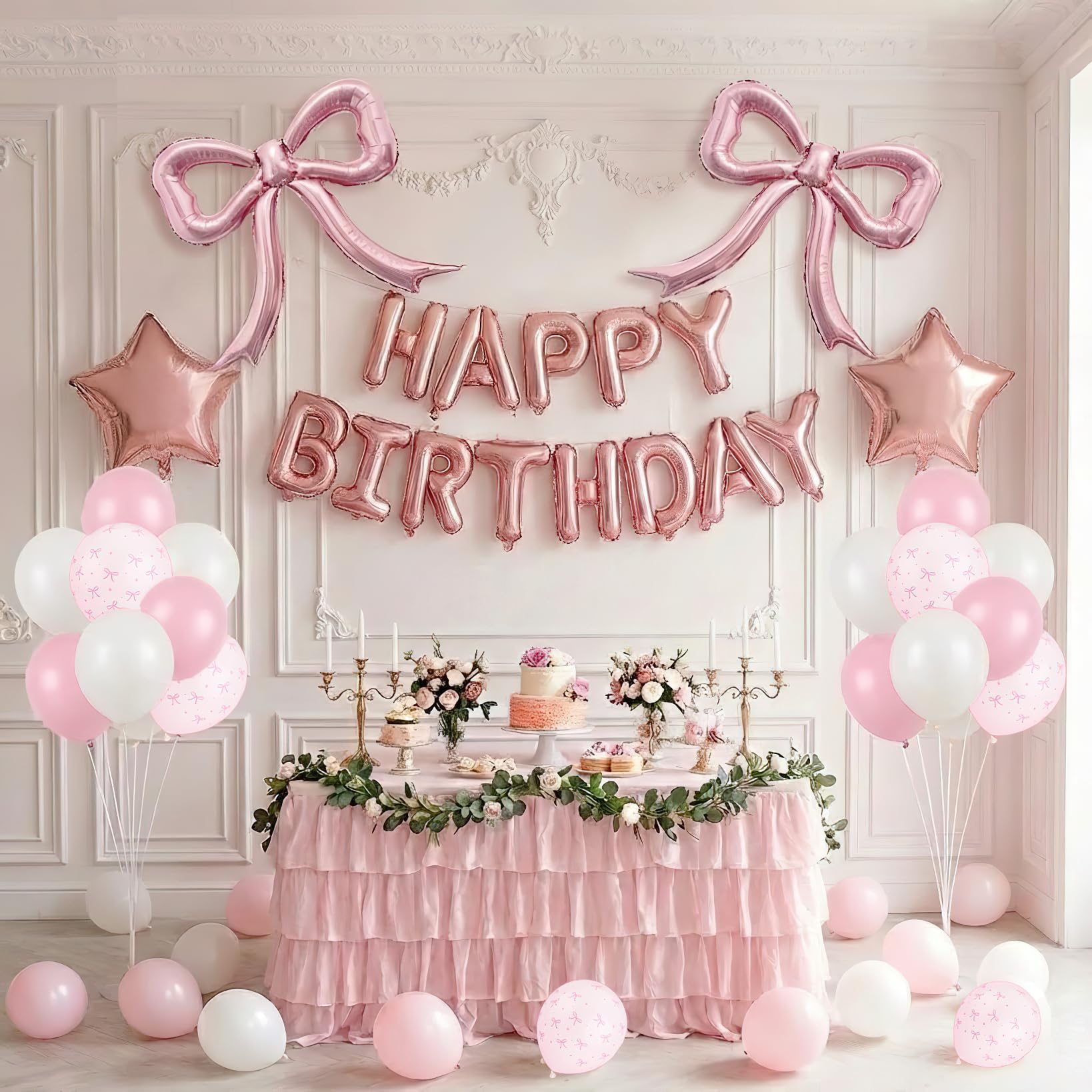 Pink Bow Birthday Balloon Decoration Set – Pink & White Bow Print Latex Balloons with Star Happy Birthday Letter Balloons and Pink Bow Foil Balloons Cute Coquette Party Decor for Girls Birthday Party