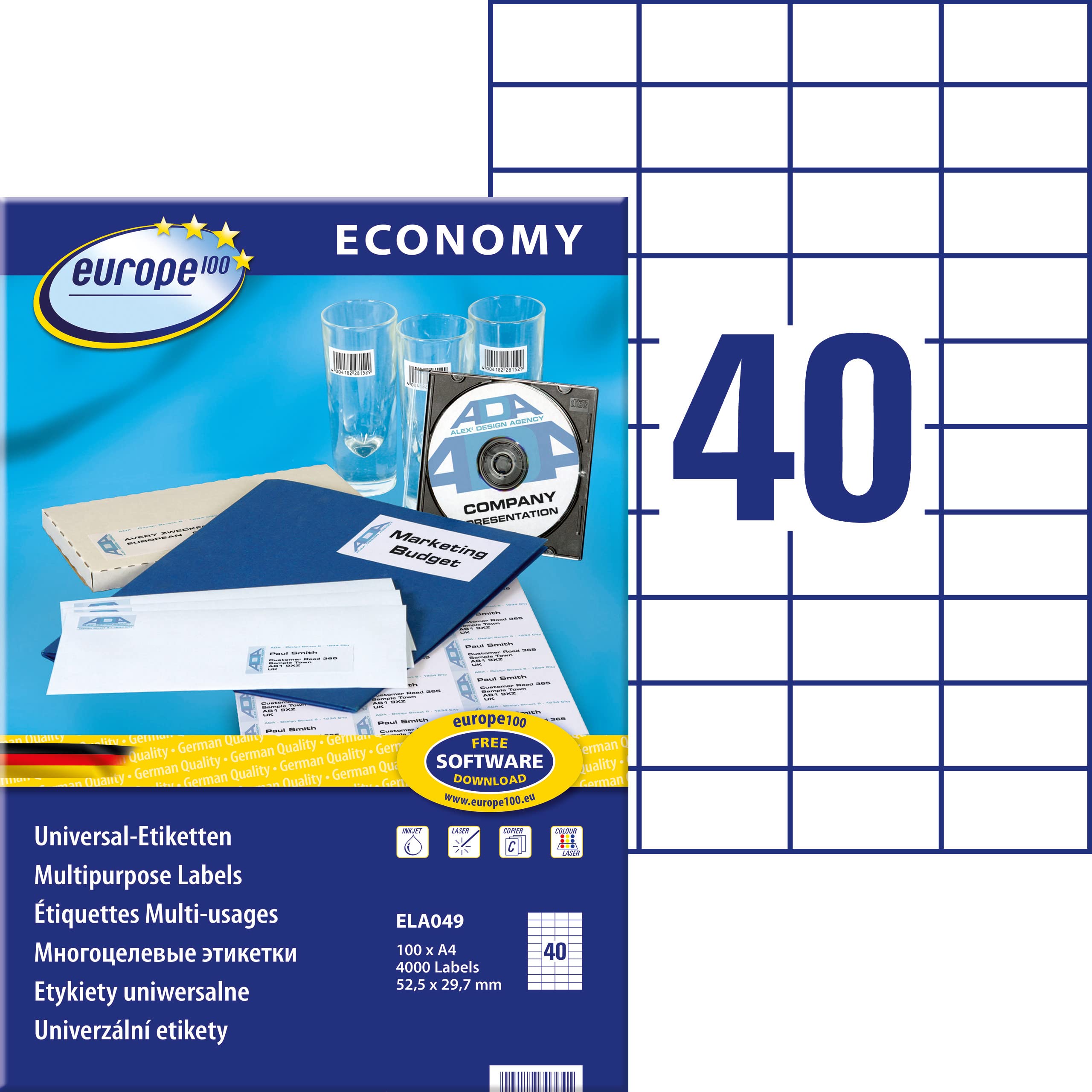 AVERY Zweckform europe100 ELA049 uniwersalne etykiety naklejki (52,5 x 29,7 mm, 100 arkuszy/4000 etykiet) białe