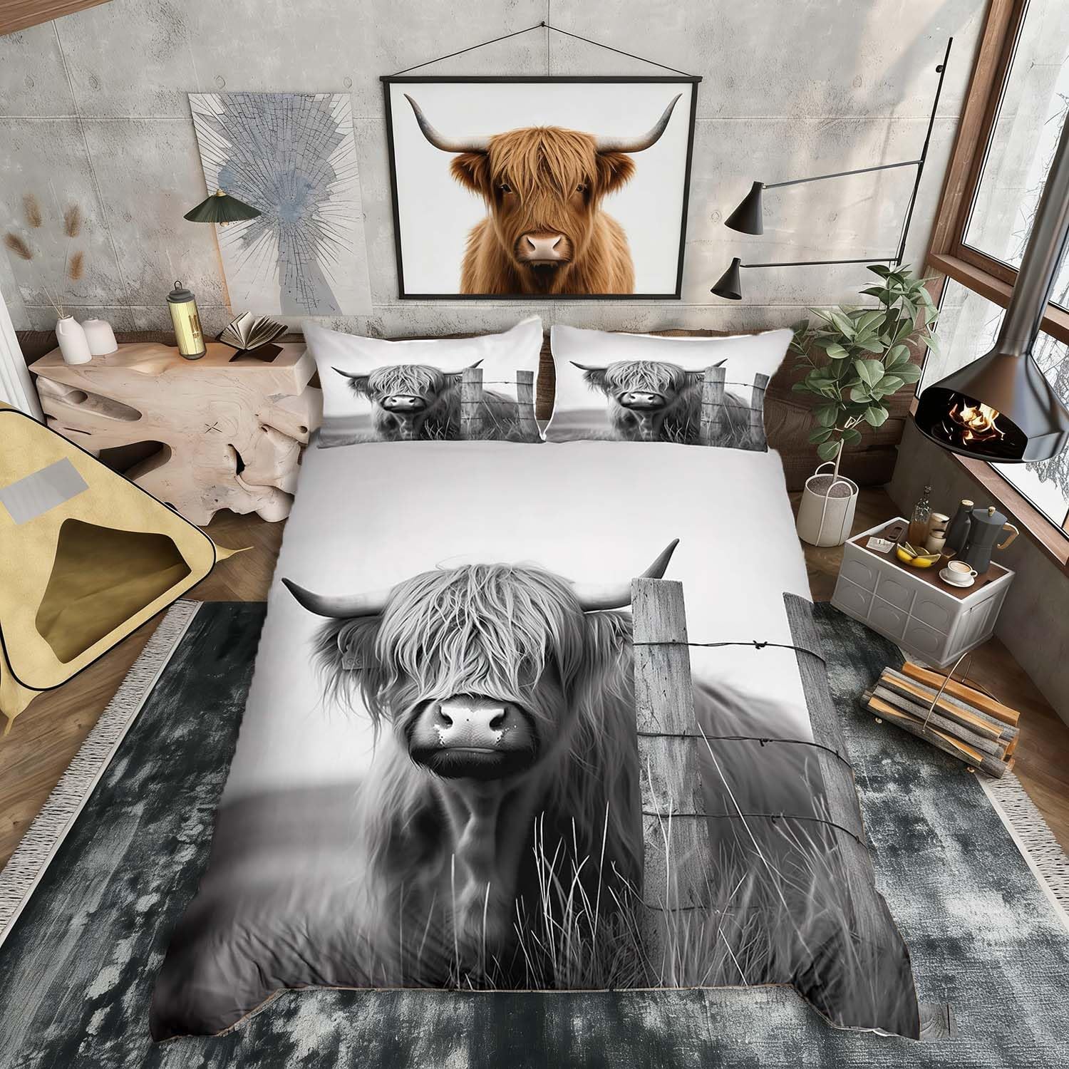Loussiesd Highland Cow Bedding Duvet Cover Set Single Size Highland Cattle Bedding Set Cute Wild Animal Western Decor Comforter Cover Set for Room Decor Grey Bedspread Cover 1 Pillow Case โ image 1