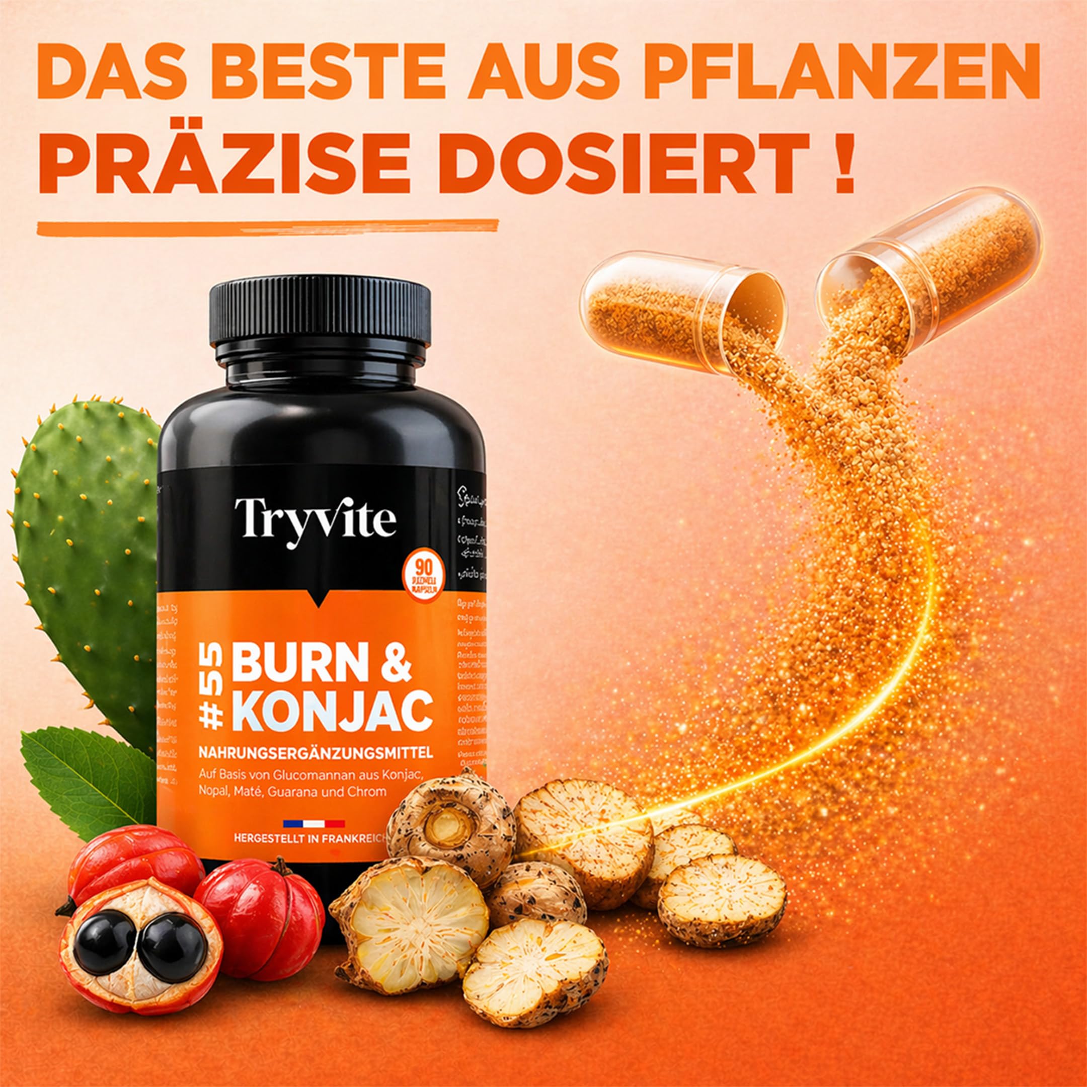 TRYVITE Konjac – Silhouetten-Routine mit Konjak, Nopal, Mate, Guarana & Chrom – Kapseln vor den Mahlzeiten für portionsbewusste Essgewohnheiten – 90 vegane Kapseln