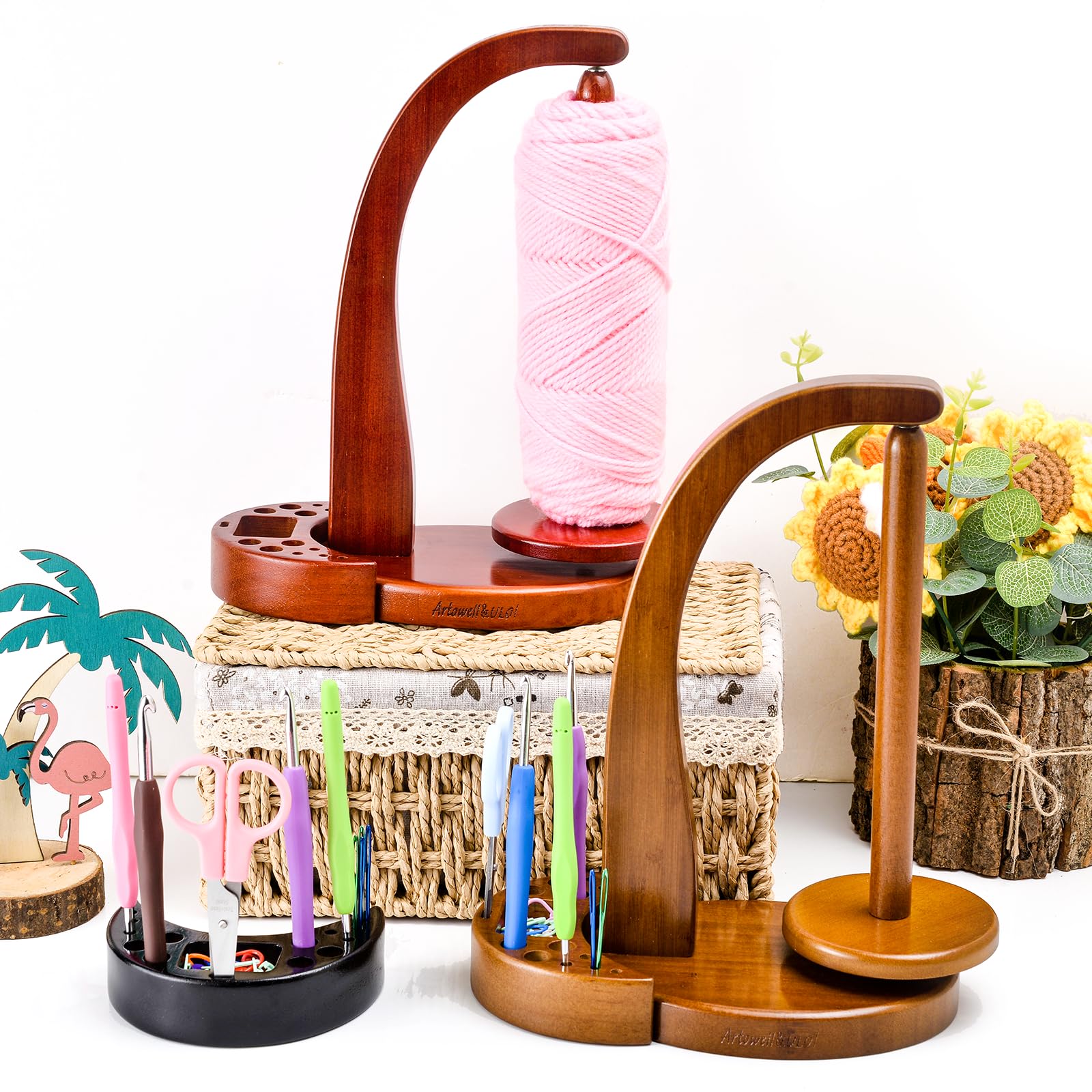ULOI Crochet Yarn Holder - Upgrade with Crochet Accessories Storage Attachment, Magnetic Wooden Yarn Storage for Knitting Accessories, Perfect for Crocheting and Knitting Projects, Walnut Finish