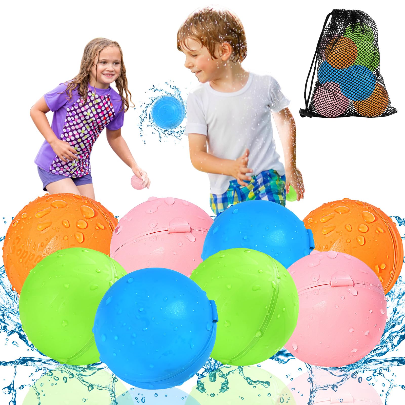 KOKODI Bombes à eau réutilisables en silicone, remplissage rapide et fermeture magnétique automatique, jouets d'eau pour enfants et adultes, jeux d'été piscine et plage (8 pièces, Modèle universel）