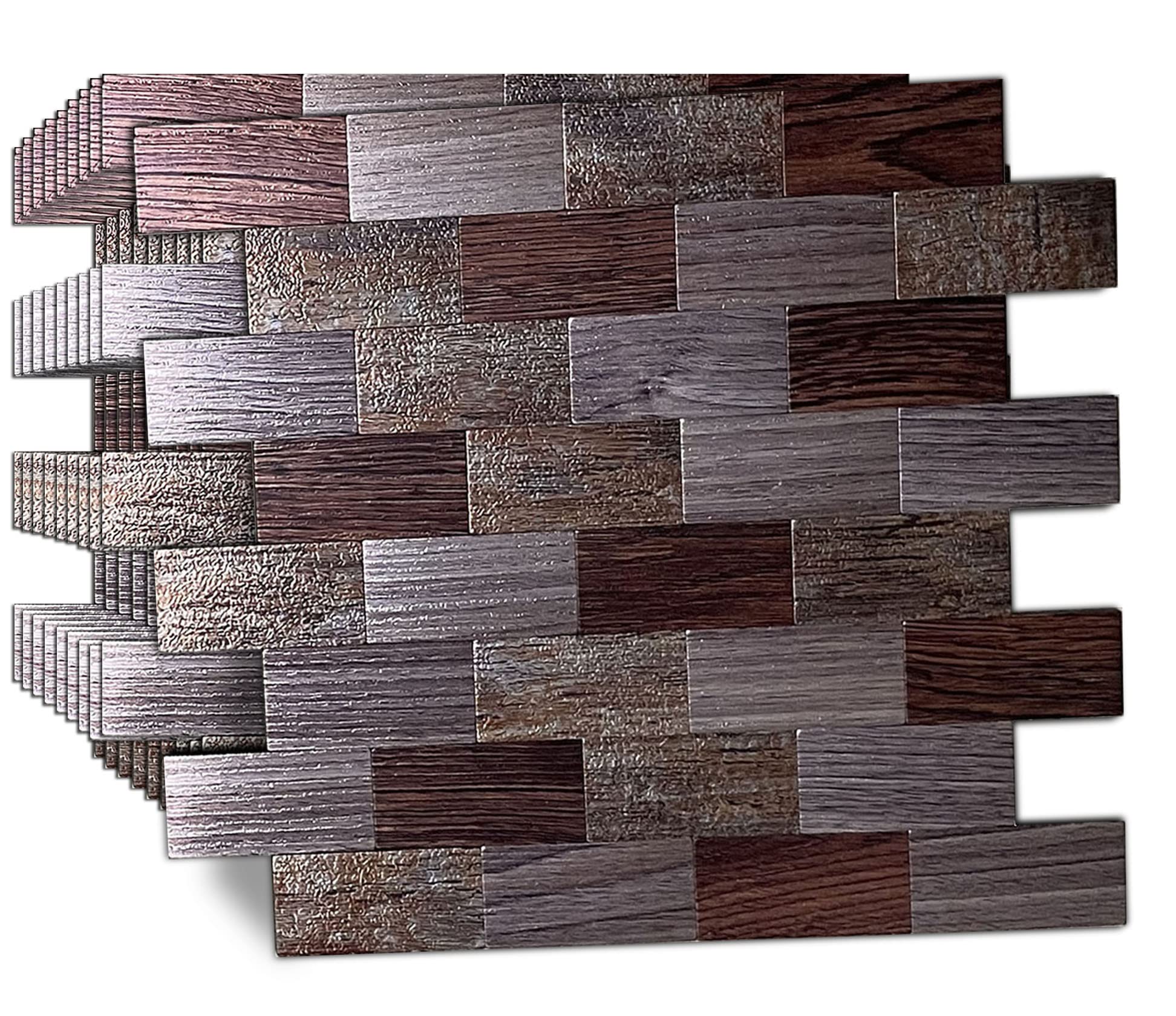 YMMXGE 10-Sheet Peel and Stick Backsplash Tile for Home Decor, Self Adhesive Subway Sticker Aluminum 3D Wall Stick on Kitchen,Bathroom,Fireplace,Laundry Table (10, Wood Texture 5)