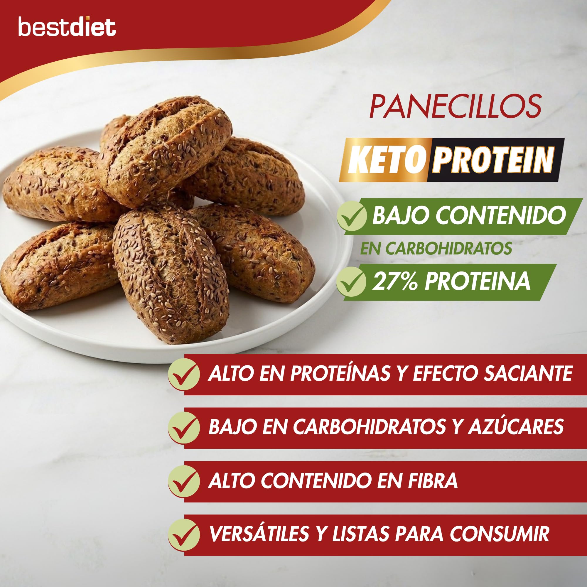 Keto Protein Bestdiet - Panecillos Proteicos Keto, Bajos en Azúcar, Alto en Fibra y Proteínas, Saciantes y Quemagrasas, con Trigo, Avena, Soja. (Pack de 3 paquetes de 350 g)