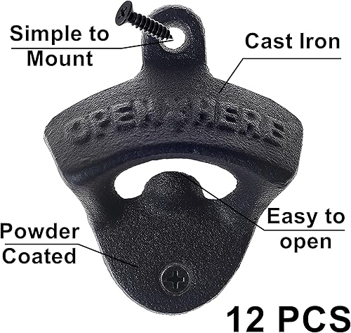 Miniatura 10 de Abrebotellas de cerveza de hierro fundido negro, 24 unidades, montado en la pared, abrebotellas a granel para bricolaje bar madera